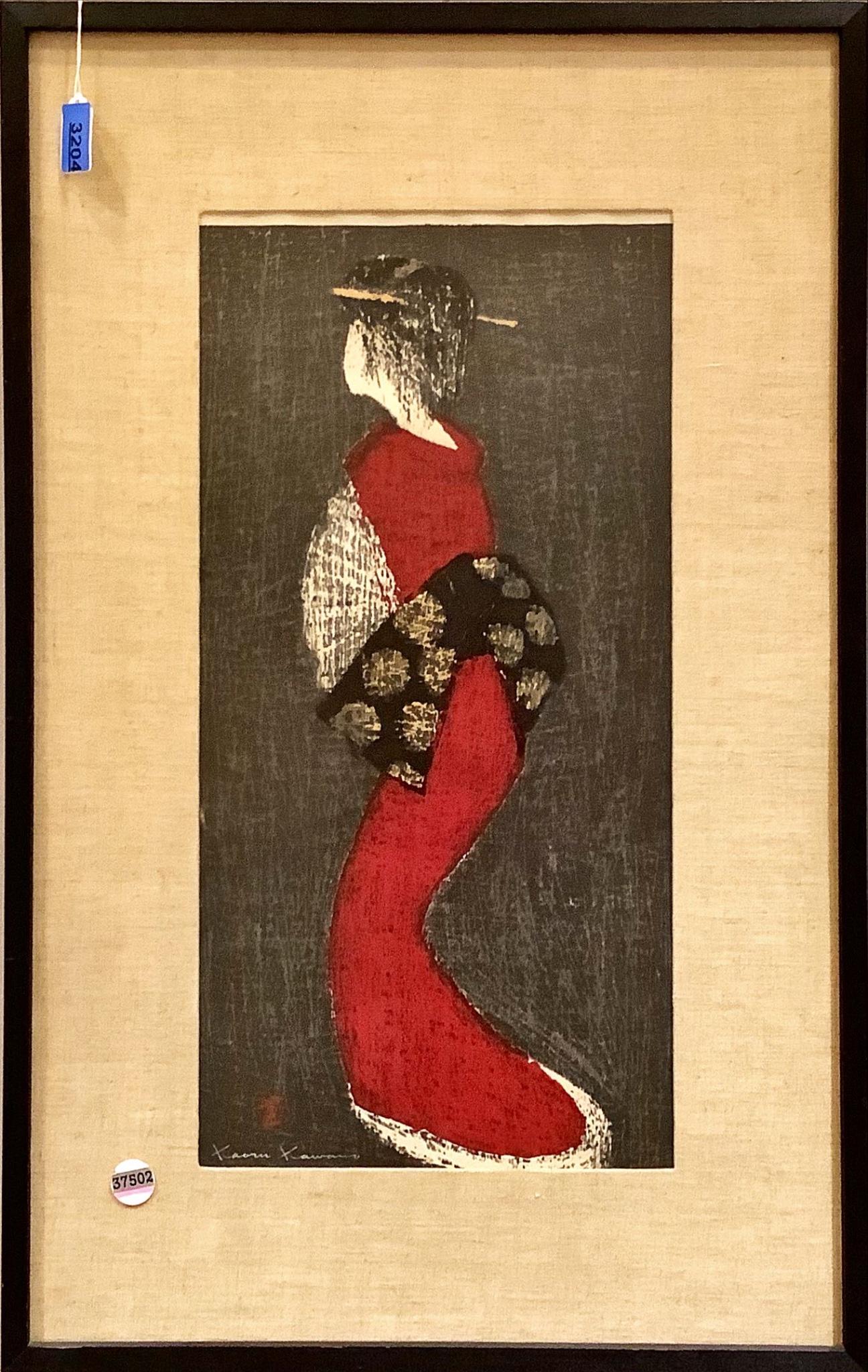 Kaouro Kawano woodblock print, girl with red kimono. 20" x 31" (1 of 2)
