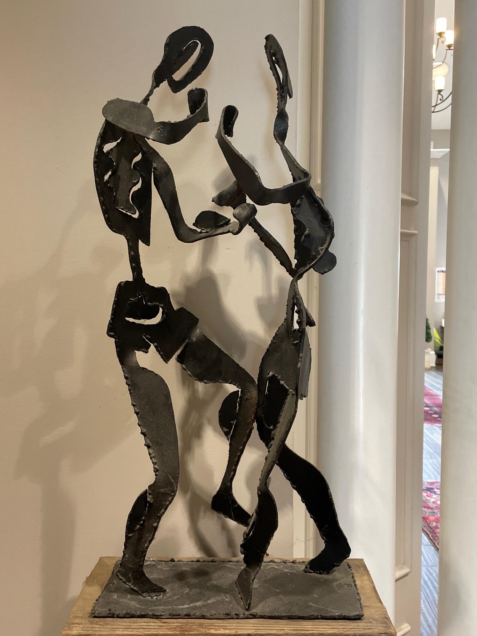 Unsigned metal sculpture of boxers. One foot needs reattached to base for stability. 33" high: Unsigned metal sculpture of boxers. One foot needs reattached to base for stability. 33" high including base