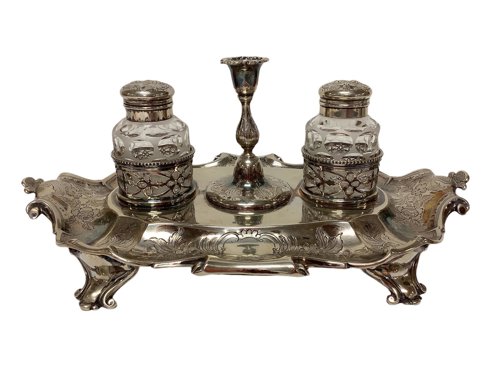 Victorian English hallmarked silver dresser set. Tray is 13"L x 8.25"W. (1 of 4)