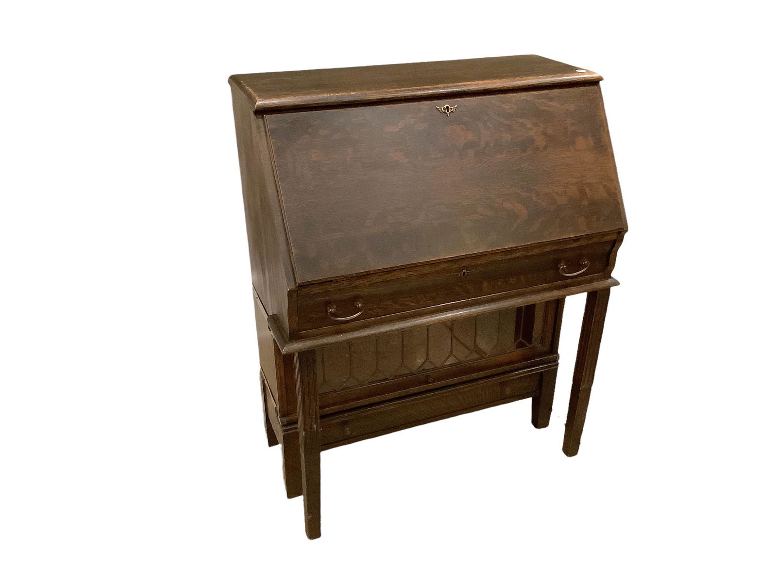 Oak barrister bookcase by Globe Wernike with leaded glass. Unusual step out drop front desk top, 33. (1 of 5)