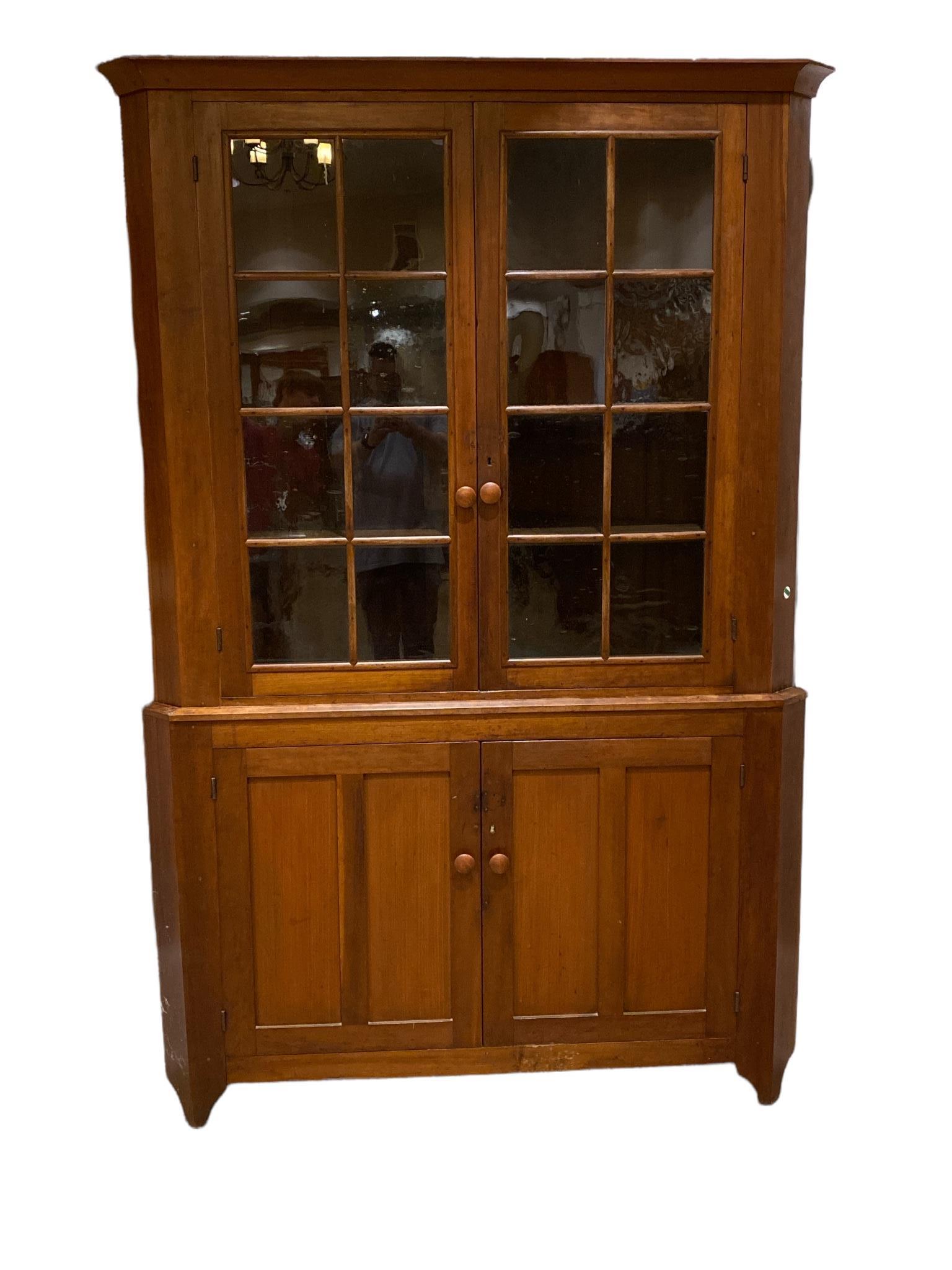 Cherry two piece corner cupboard with two 8 pane glass doors, 87" tall. (1 of 2)