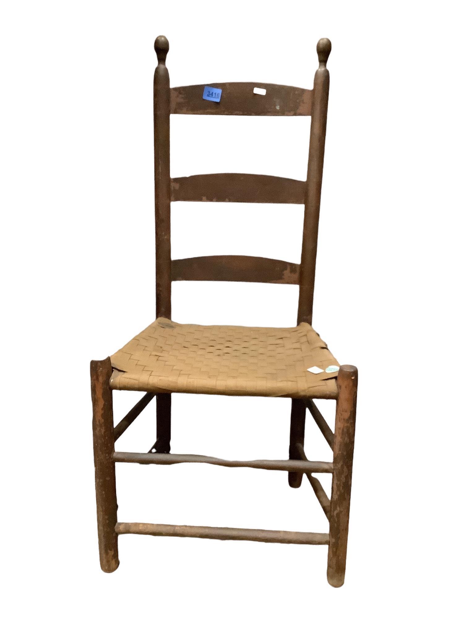 Shaker tilter ladder back chair with original finish and seat tape, 40" tall. Very early 1810/1820. (1 of 1)