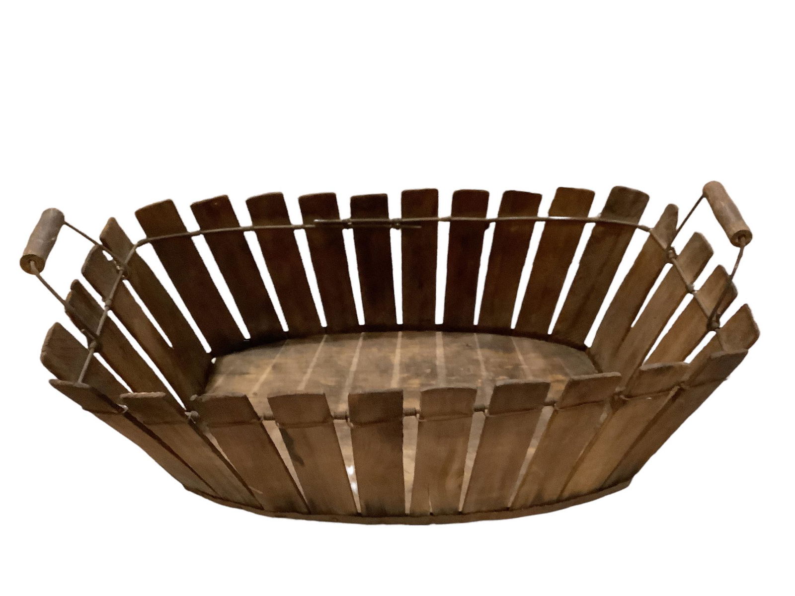 Shaker Picket Fence wood and wire gathering basket from Pleasant Hill, KY. Measures 23" x 9" x 12". (1 of 3)