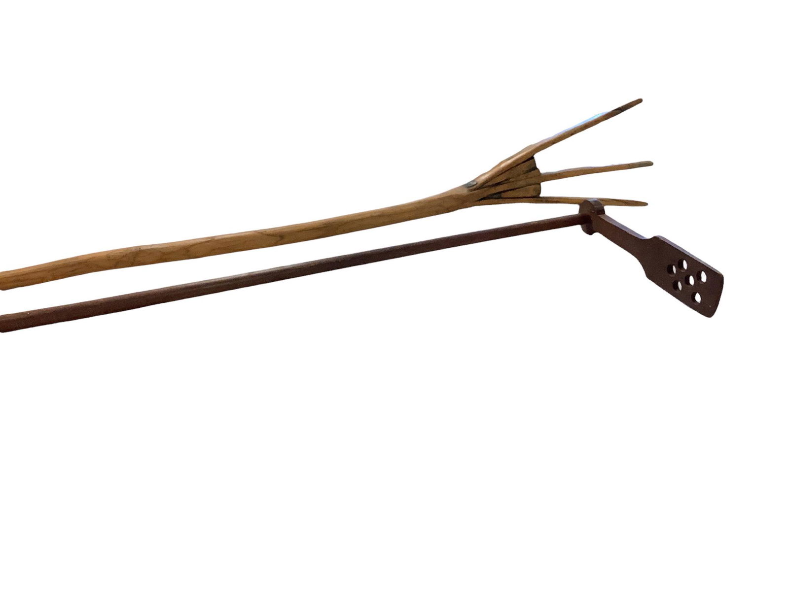 Lot of antique tools including an apple butter stirrer, 41"L, and a 3 tine pitch, 59"L. (1 of 1)