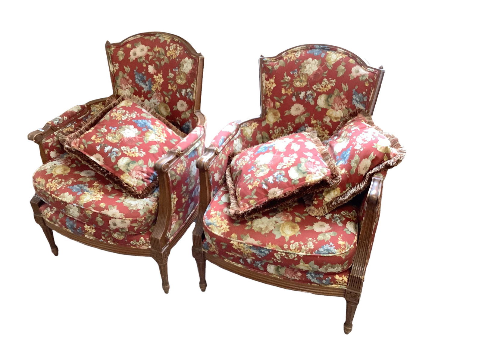 Pr armchairs with floral upholstery, 35" tall. (1 of 1)