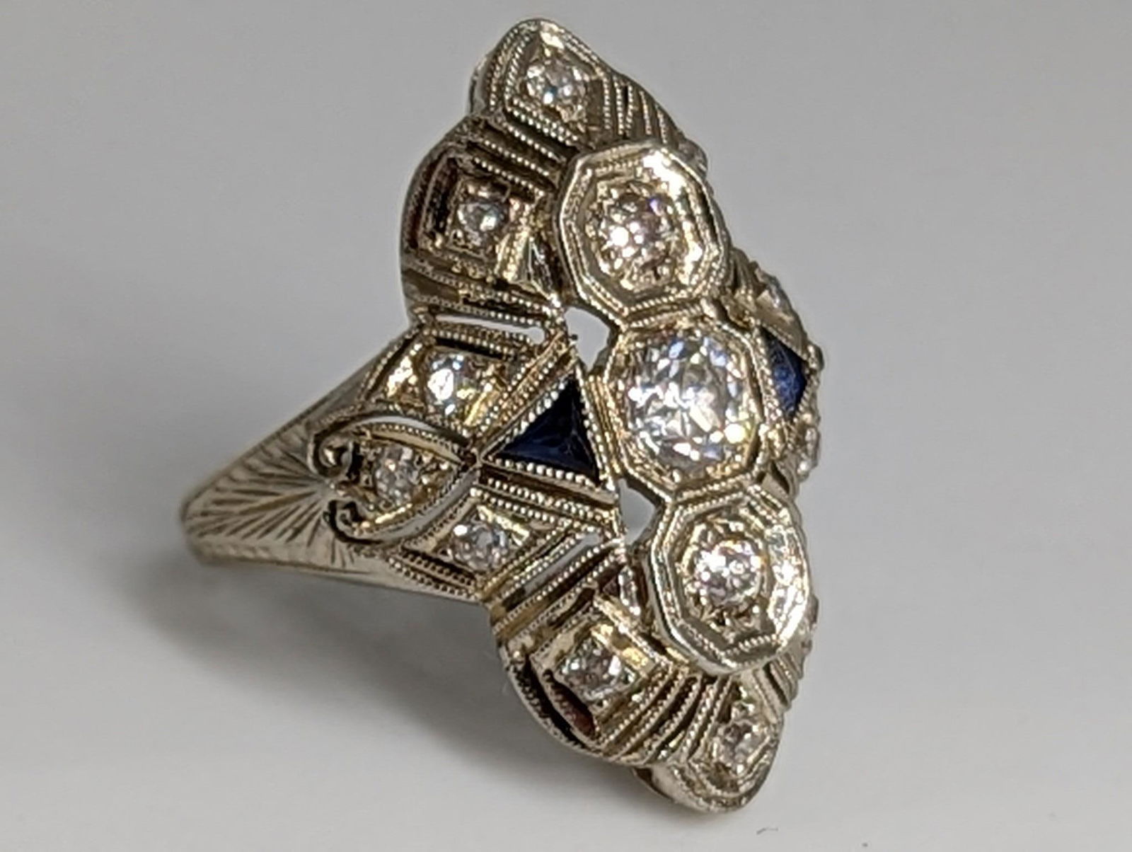 18kt White Gold Diamond & Sapphire Filigree Ring (1 of 10)