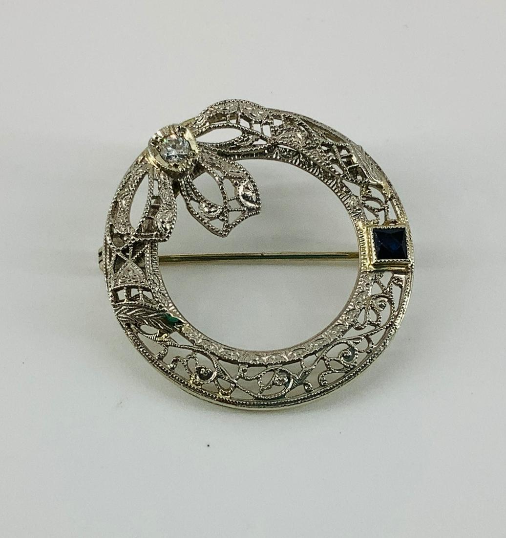 Vintage 14kt White Gold Diamond & Sapphire Filigree Style Pin (1 of 2)