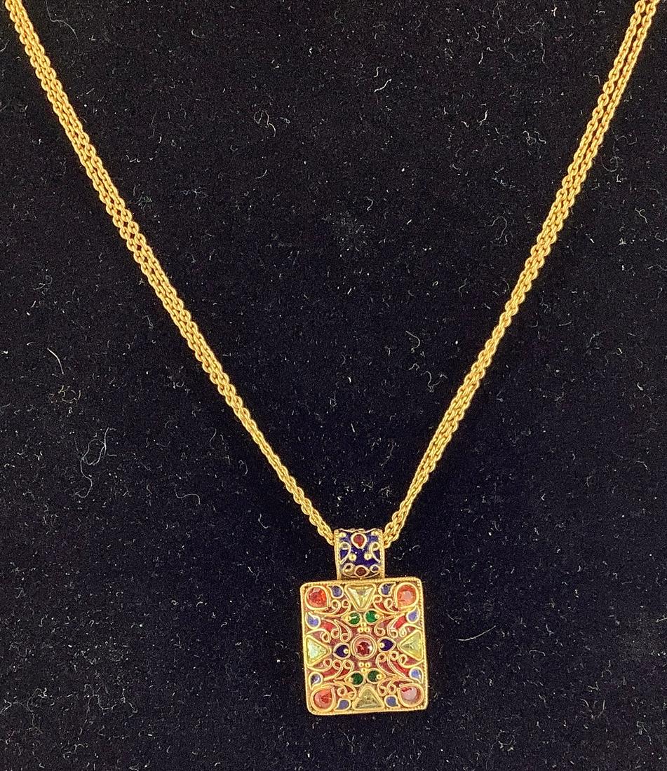 High Karat Gold Necklace: High Karat Gold Necklace Tested 22kt gold, 15" choker length (tangled chain), thin chain necklace with s-hook clasp closure, polished metal finish. 12.6 grams total weight. 24.75mm pendant accented wi