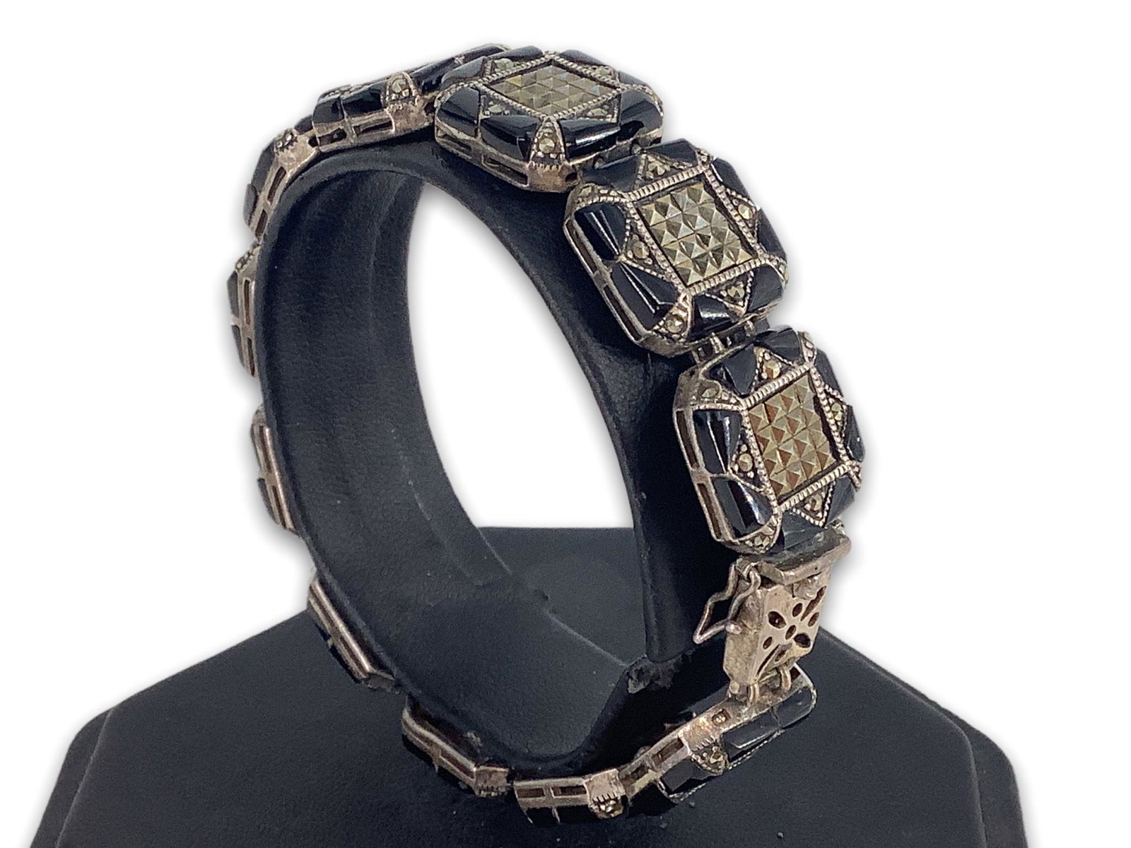 Sterling, Onyx, and Marcasite Link Bracelet (1 of 3)