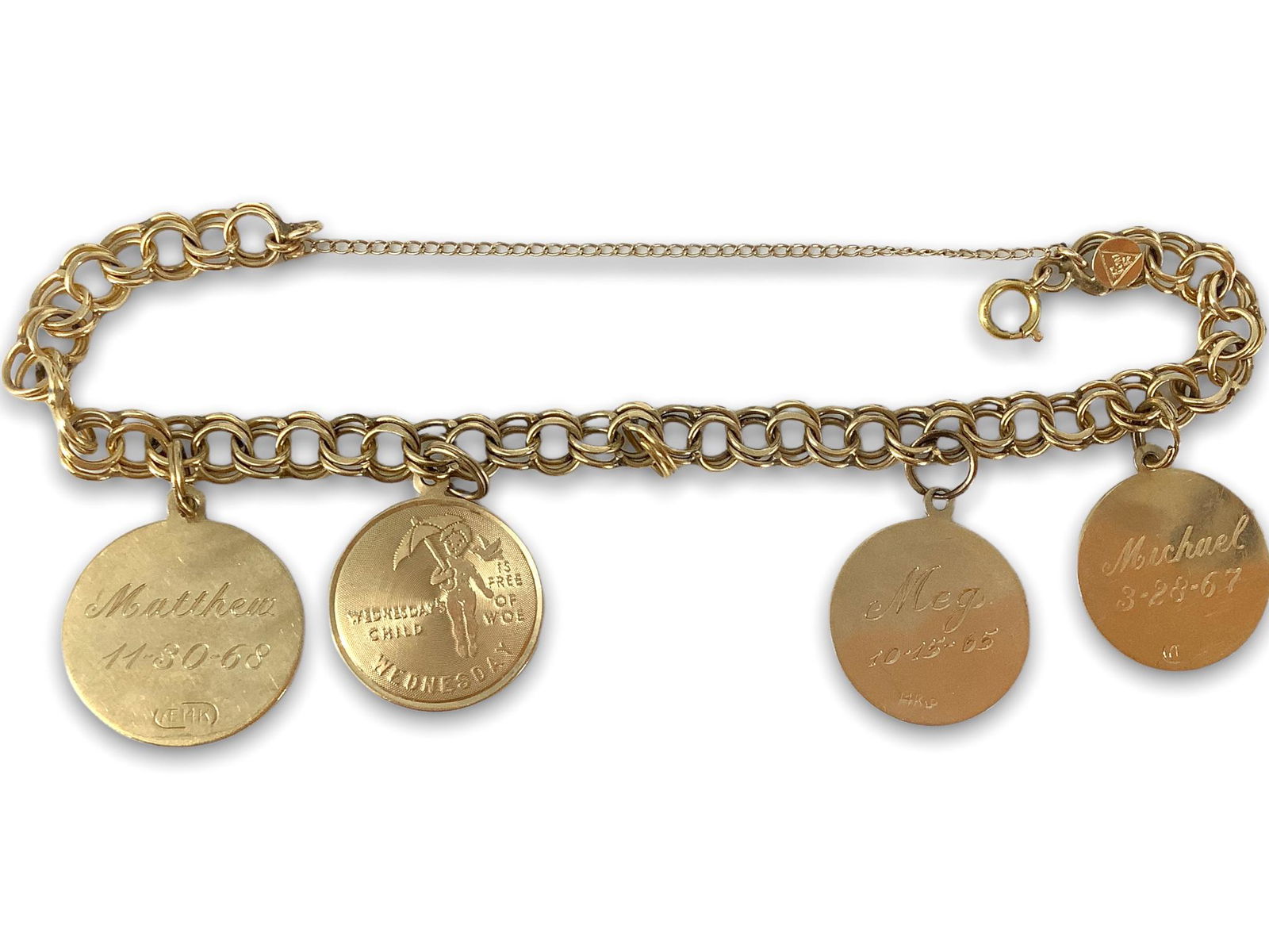 14kt Yellow Gold Charm Bracelets & Charms: 14kt Yellow Gold Charm Bracelets & Charms Bracelet and charms stamped and/or tested 14kt yellow gold, approx. 14.0 grams total weight, 7" in length. 6.0mm chain width, ft. round shape disk charms with