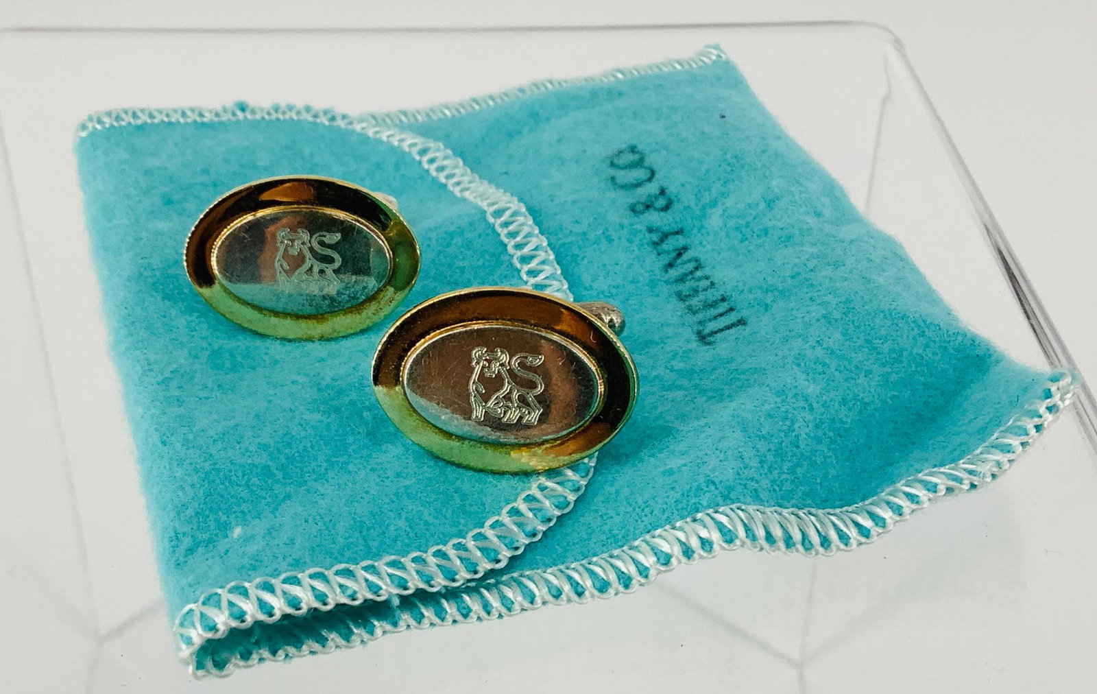 Pair Dual Tone Tiffany & Co. Cuff Links in Branded Blue Pouch (1 of 4)