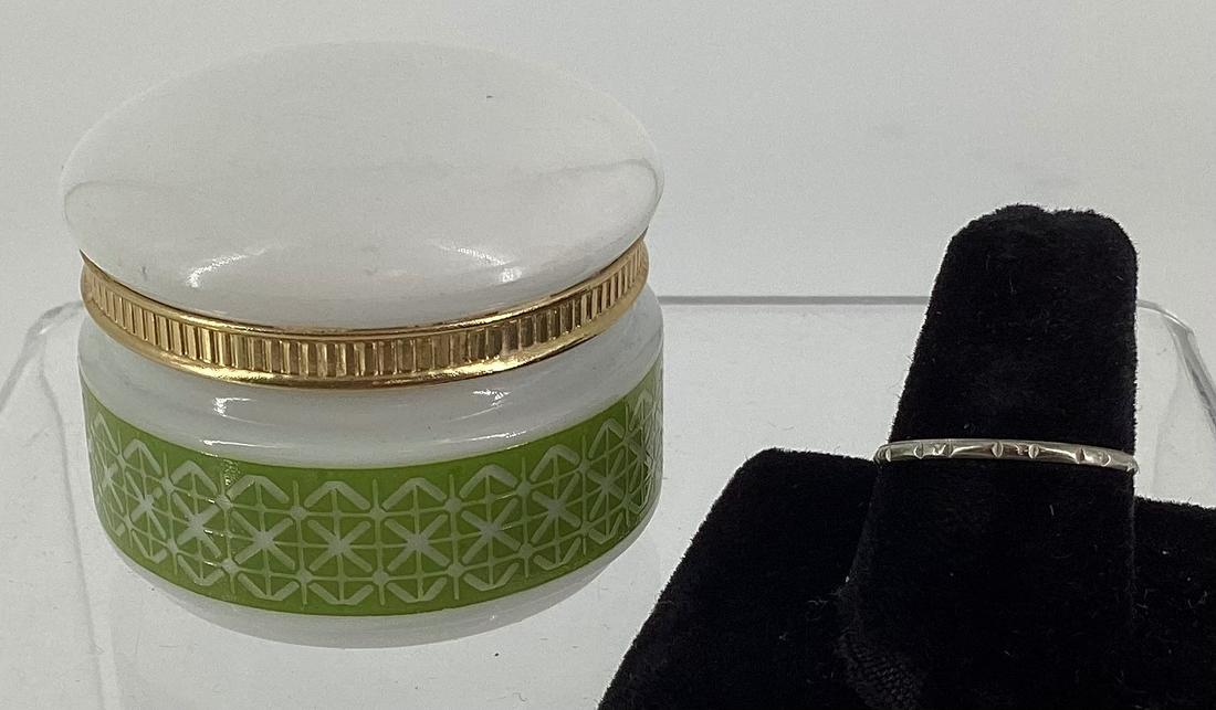 White Milk Glass Jar with Green Decoration and 10kt White Gold Ring (1 of 5)
