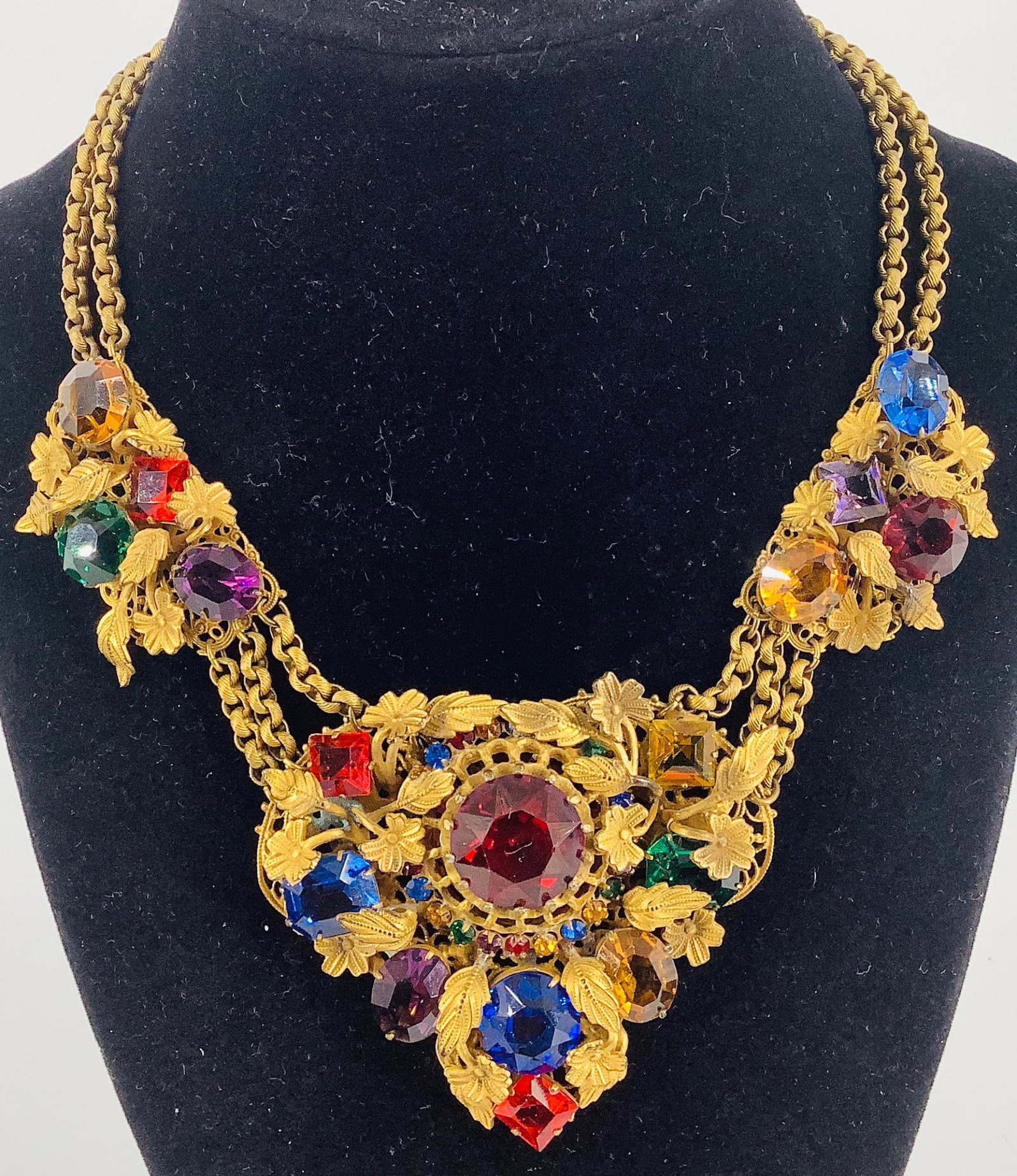 Vintage European Crystal Adorned Statement Choker: Vintage European Crystal Adorned Statement Choker 13" choker length, with faceted multi-colored crystals measuring up to 16.5mm in diameter, box claps closure adorned with red crystal round, possibly 