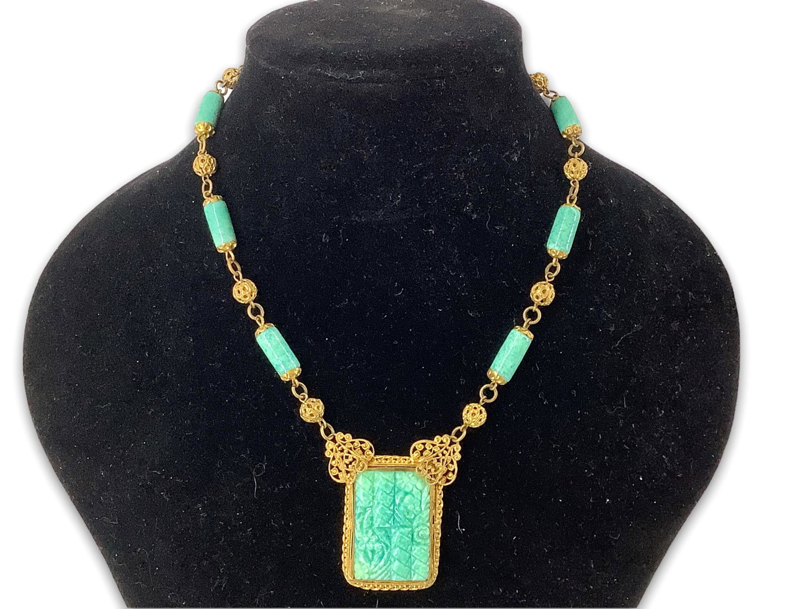 Vintage Necklace: Vintage Necklace 14" choker length, spring ring clasp, openwork beads and pendant accented by blue-green (synthetic material) oblong beads and embossed rectangular pendant with floral pattern. Vintage