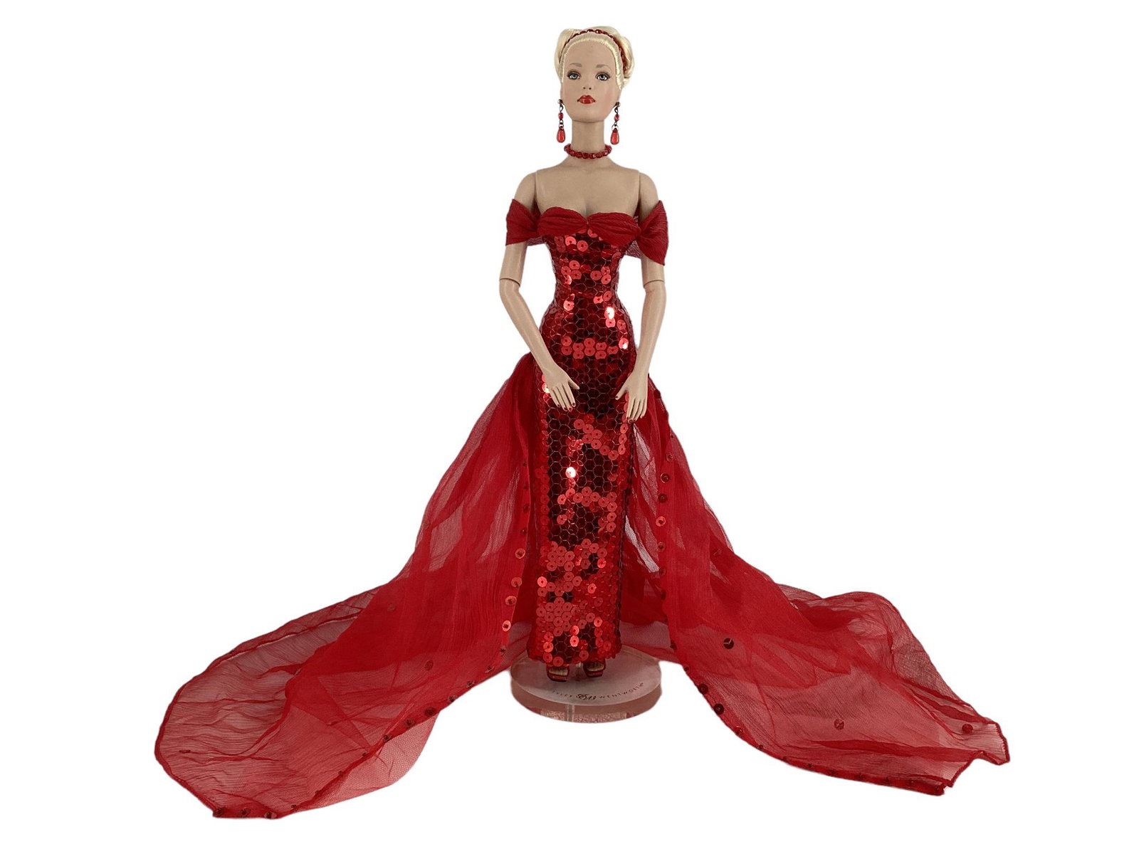 Robert Tonner Tyler Wentworth 16" Tyler doll wearing Madame Alexander "Wore Red" red fitted gown: Robert Tonner Tyler Wentworth 16" Tyler doll wearing Madame Alexander "Wore Red" red fitted gown off-the shoulders, covered in sequins, red chiffon neckline is ruffled, long train is made of the same