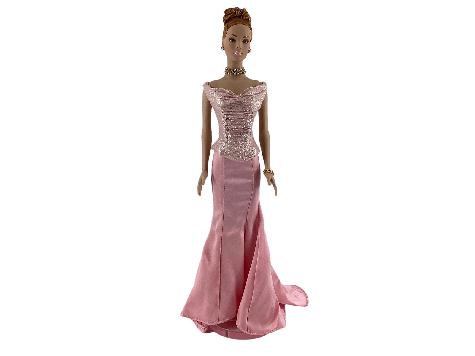 Robert Tonner Tyler Wentworth 16" Tyler doll wearing "Pink Champagne" fitted bodice and a bias cut: Robert Tonner Tyler Wentworth 16" Tyler doll wearing "Pink Champagne" fitted bodice and a bias cut charmeuse skirt, both in imported French fabrics in a color described as 'Pink Champagne, sheer panty