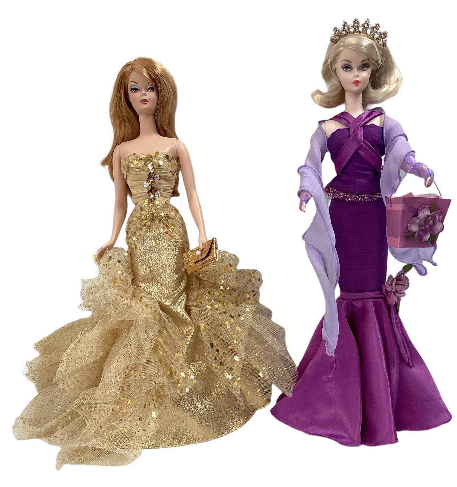 (2) Fantastic Silkstones including (1) Purple Gown Silkstone- from the BFMC. (1) gorgeous Barbie: (2) Fantastic Silkstones including (1) Purple Gown Silkstone- from the BFMC. (1) gorgeous Barbie that has a purple long evening gown with a flower to finish the gown along with arm gloves,and a evenin