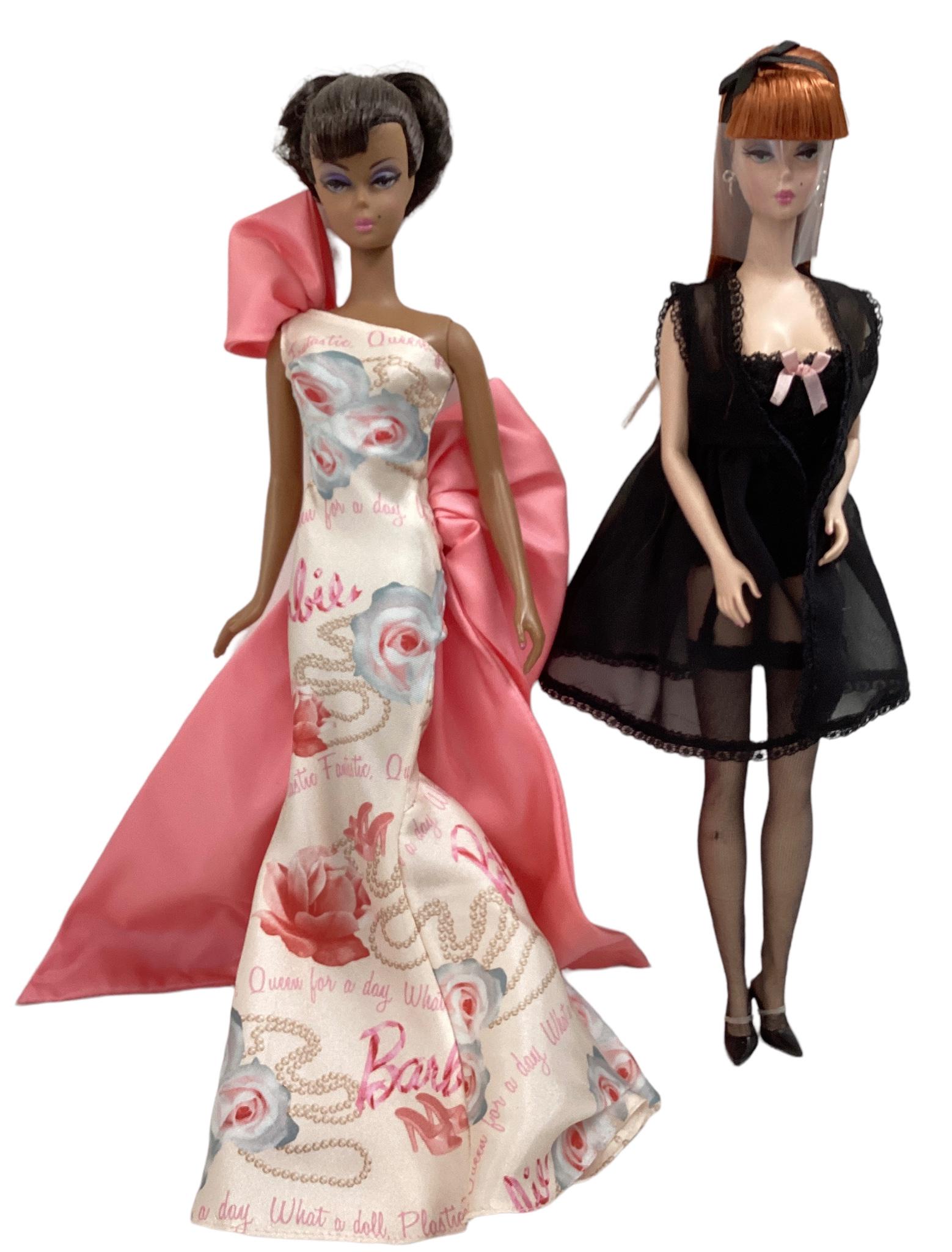 (2) gorgeous BFMC Silkstone Barbies including (1) a long red head doll with #5 lingerie. (1) AA doll: (2) gorgeous BFMC Silkstone Barbies including (1) a long red head doll with #5 lingerie. (1) AA doll with a gorgeous evening gown with large pink bow on back. Gold Labeled Barbies in excellant conditi