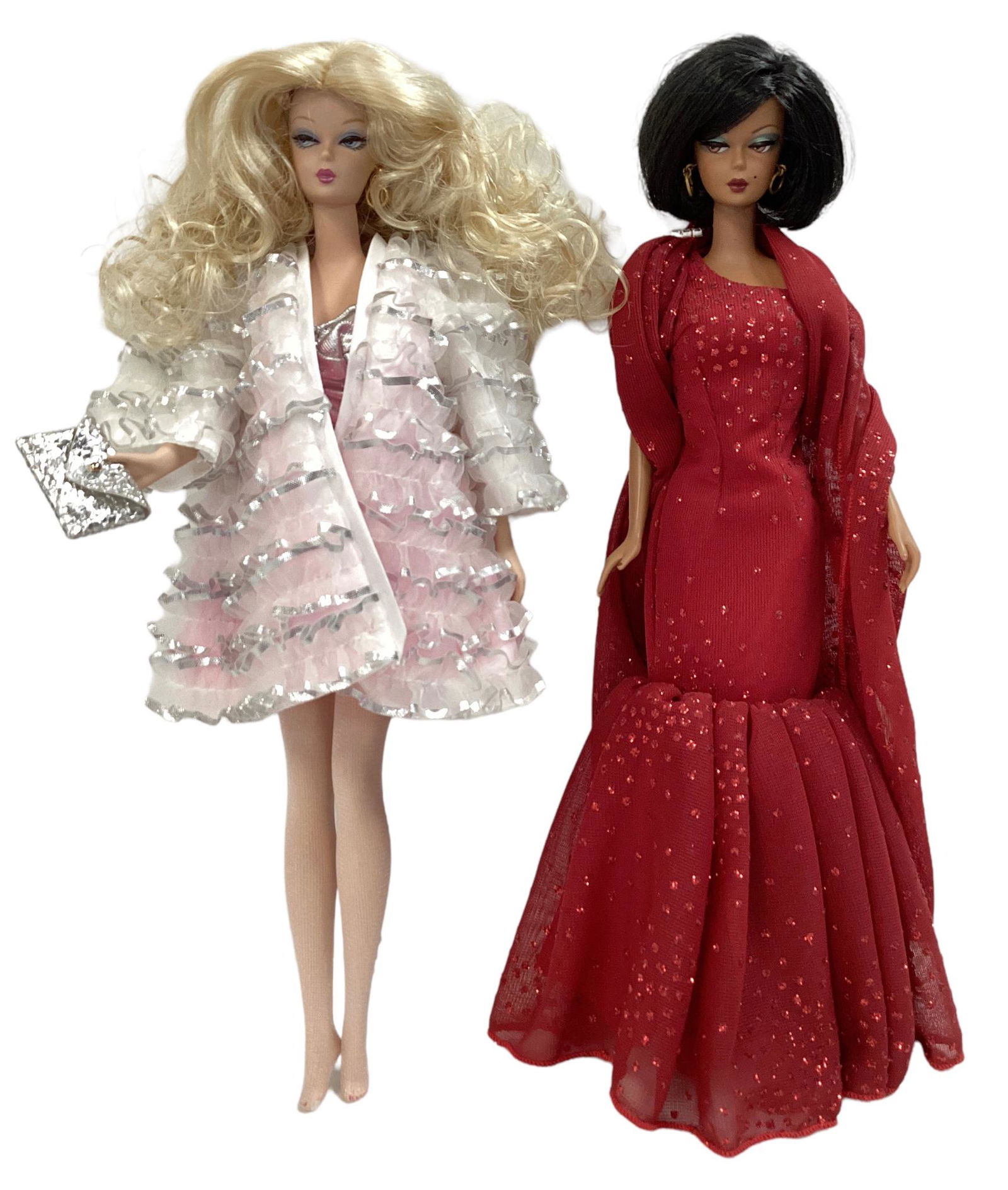 (2) Very beautiful Silkstone Barbies (1) AA with a black bob wearing a red gorgeous dress with shawl: (2) Very beautiful Silkstone Barbies (1) AA with a black bob wearing a red gorgeous dress with shawl (1) a painted head Silkstone Barbie with a beautiful long blond curly hair and is wearing a silver