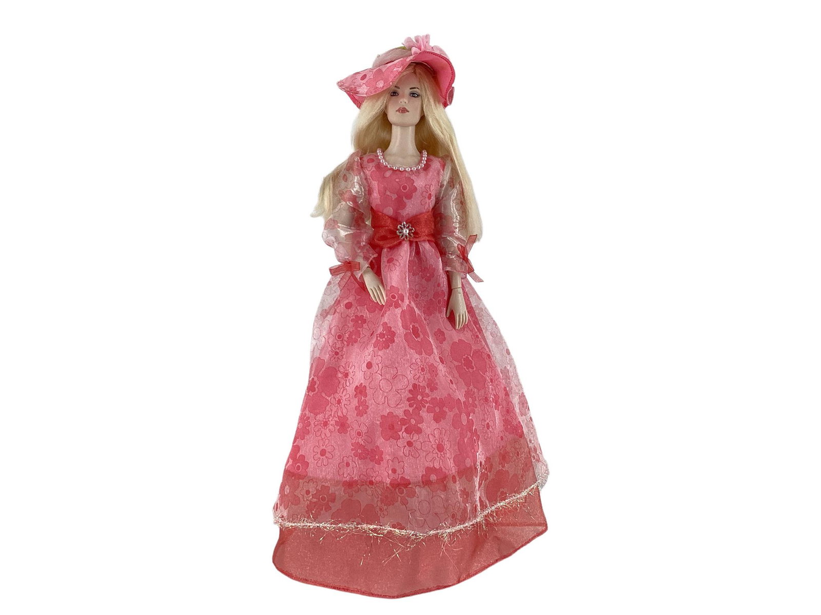 Robert Tonner Tyler Wentworth 16" Nu Mood Tyler Lily doll wearing FF Leehs pink flower chiffon gown: Robert Tonner Tyler Wentworth 16" Nu Mood Tyler Lily doll wearing FF Leehs pink flower chiffon gown lined with tulle, pink pearls line the collar, pink hat accented with flower, pearl and tulle, panti