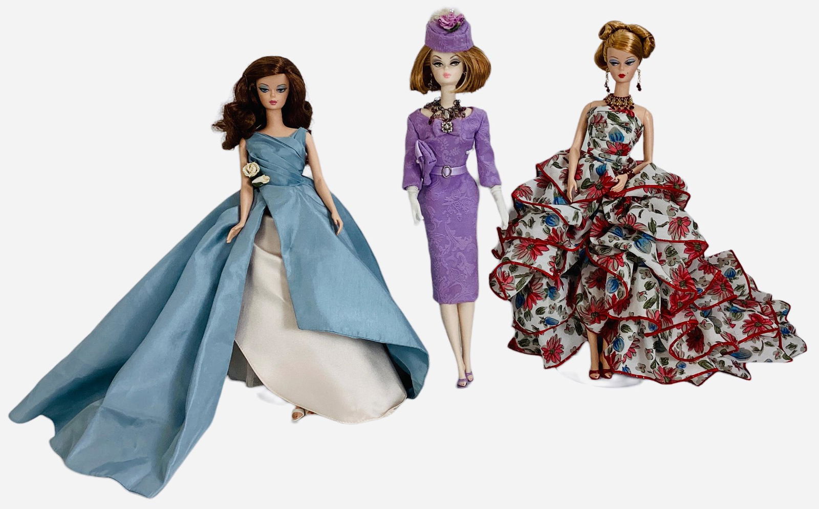 (3) BFMC Silkstone Barbies including (1) Barbie with the bobbed hair wears a Gorgeous OOAK lavender: (3) BFMC Silkstone Barbies including (1) Barbie with the bobbed hair wears a Gorgeous OOAK lavender dress & matching purse with designs in the fabric, long white gloves, matching shoes and gorgeous OO