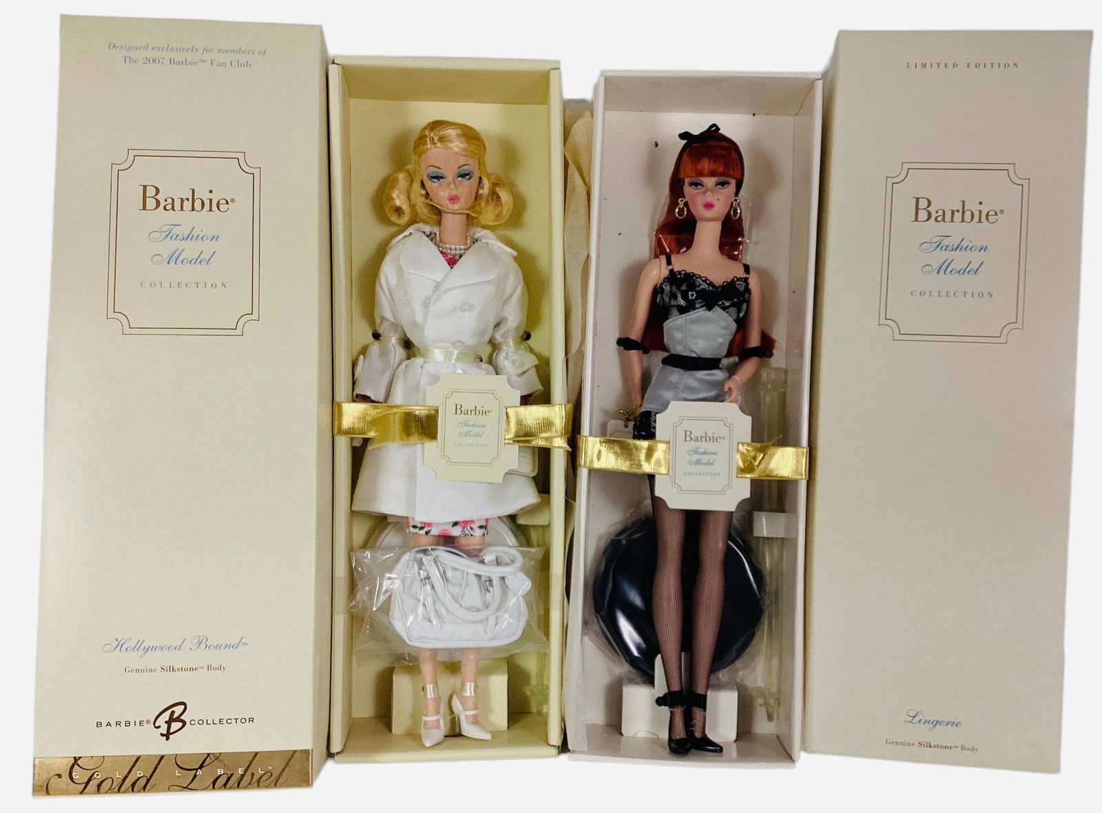 (2) BFMC Barbie (1) Lingerie Silkstone Barbie with her long red hair. Flirtatious black lace & pearl: (2) BFMC Barbie (1) Lingerie Silkstone Barbie with her long red hair. Flirtatious black lace & pearl grey satin modeled by doll Silkstone Barbie # 6, NRFB and MIB and box in great shape. (1)Hollywood