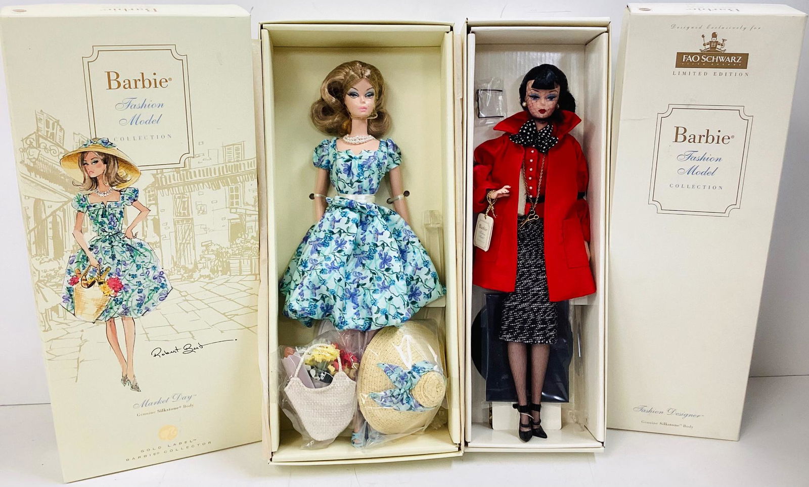 (2) BFMC Silkstone Barbies including (1) Market Day Barbie, a gold label silkstone doll has less: (2) BFMC Silkstone Barbies including (1) Market Day Barbie, a gold label silkstone doll has less than 4,400 dolls worldwide. Barbie comes wearing a beautiful floral dress with lots of accessories as w