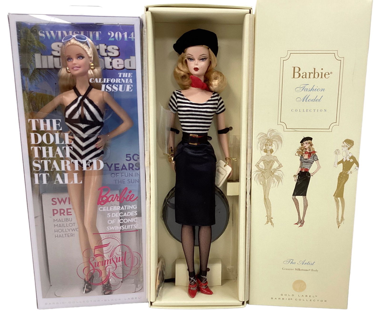 (2) Barbies including the (1)Sports Illustrated Swimsuit Barbie, celebrating 50 years of Barbie: (2) Barbies including the (1)Sports Illustrated Swimsuit Barbie, celebrating 50 years of Barbie Iconic swimsuits. NRFB and MIB, outside box great condition. (1) 'The Artist' a BFMC Silkstone Barbie, s