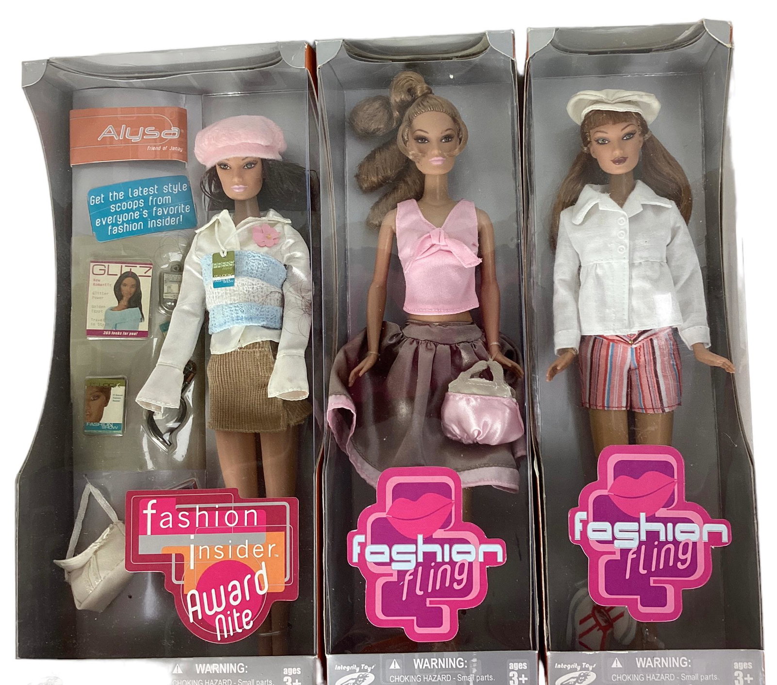 (3) Fashion Fling Dolls including (1) Fashion Fling Janay, (1) Fashion Fling Janay (in different: (3) Fashion Fling Dolls including (1) Fashion Fling Janay, (1) Fashion Fling Janay (in different outfit) and Alysa, Fashion Fling Fashion Insider Award Nite. Dolls are from Ideal and a NRFB, MIB and t