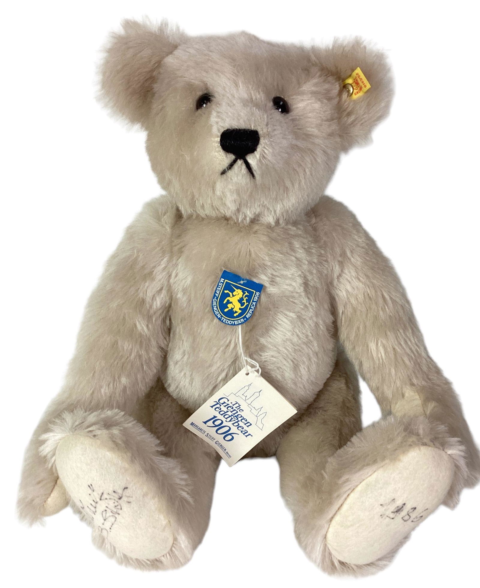 Steiff Replica 1906 Giengen Teddybear. 19 1/2" mohair bear jointed at the neck, shoulders and hips, (1 of 3)