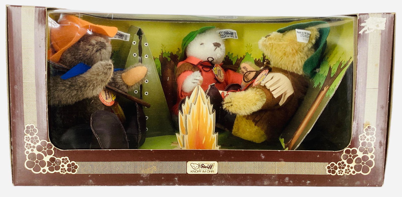 Steiff 3 Nimrod Teddy Bears with white tag in ears, one signed on paw. No.1107, camping with (1 of 2)