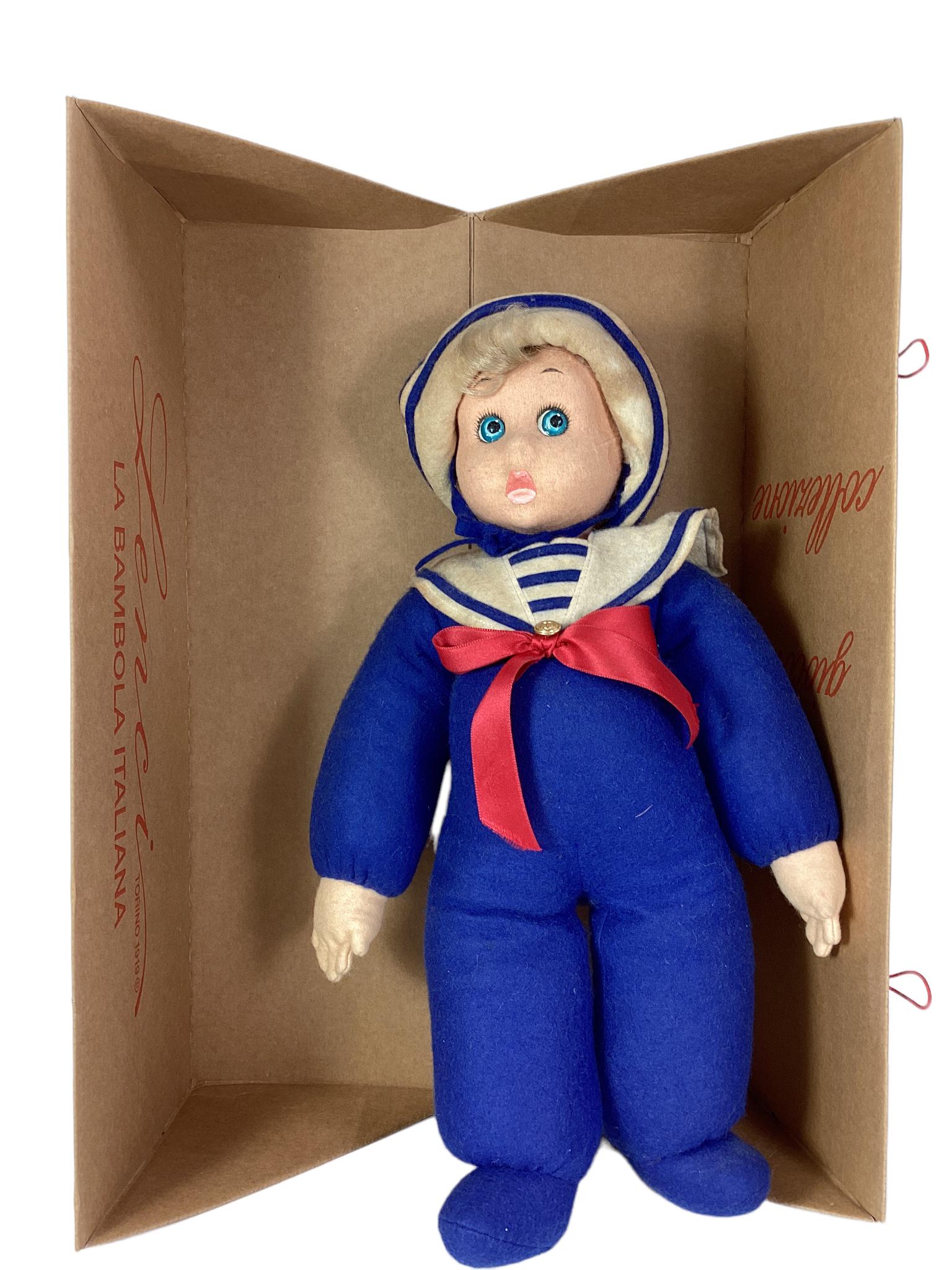 18" vintage Lenci doll Sailor he is dressed in blue and is wearing a white sailor hat, tagged, in (1 of 3)