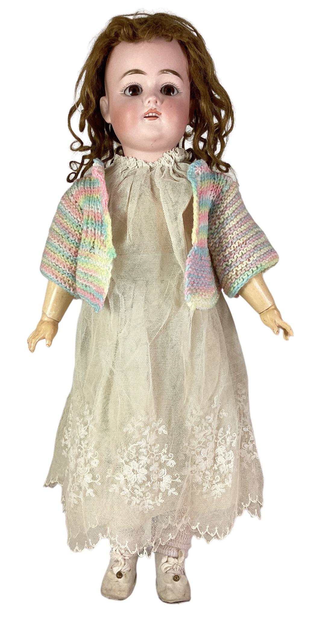 Kestner 168 bisque socket head girl. 21 1/2" doll with mohair wig over intact plaster pate, glass: Kestner 168 bisque socket head girl. 21 1/2" doll with mohair wig over intact plaster pate, glass sleep eyes, open mouth with teeth, on jointed composition body stamped "Germany 3362" on right rear to