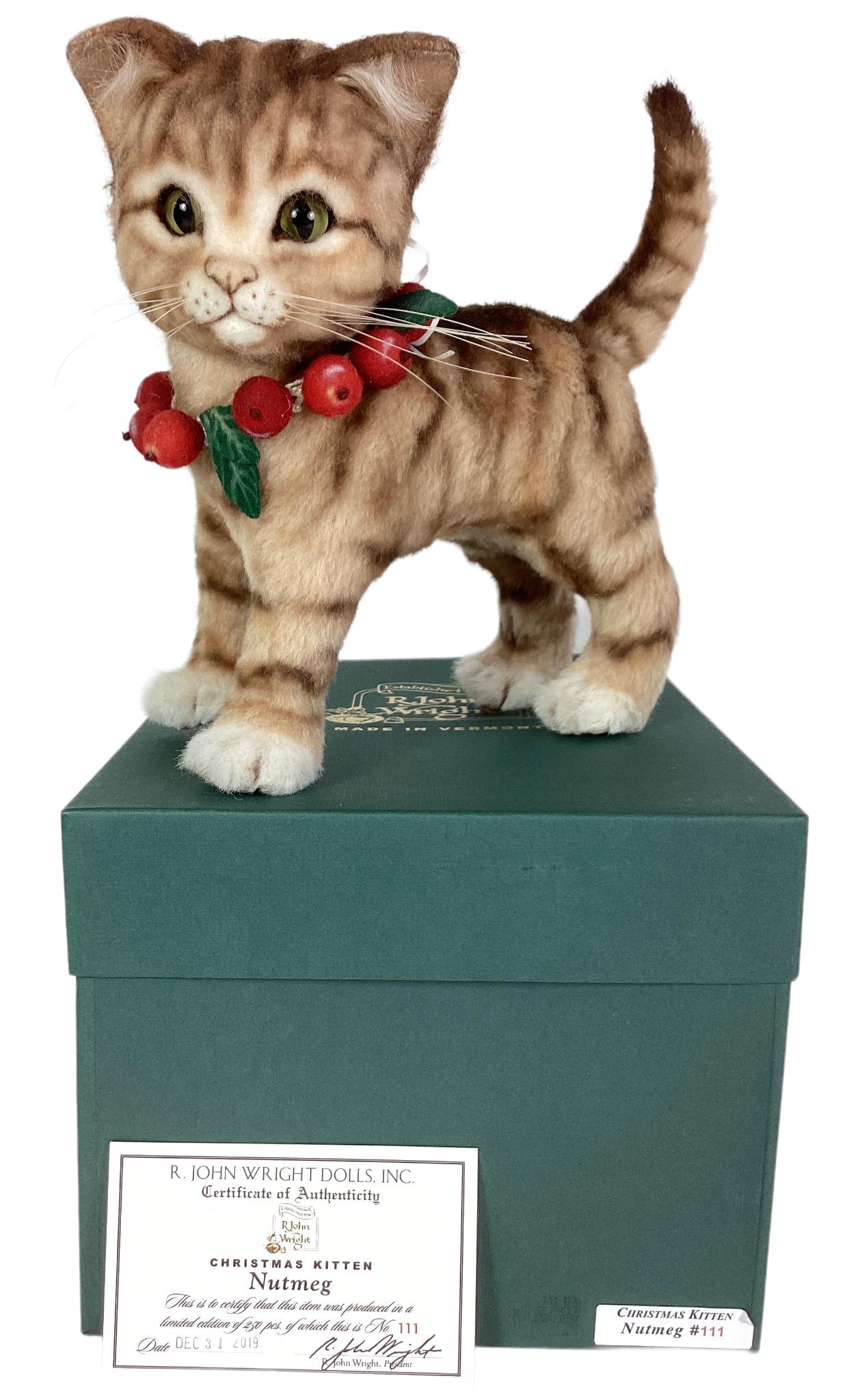 R. John Wright Dolls, Christmas Kitten "Nutmeg" No.111/250. With COA and original box.: R. John Wright Dolls, Christmas Kitten "Nutmeg" No.111/250. With COA and original box.