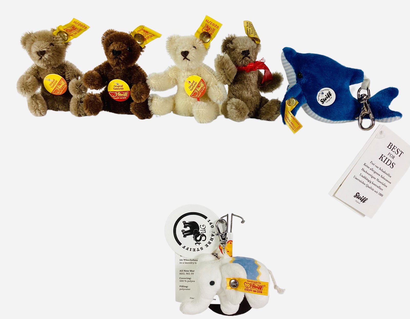 Lot miscellaneous Steiff items including four 3" mohair Flexi Bears and two plush key chains as (1 of 2)