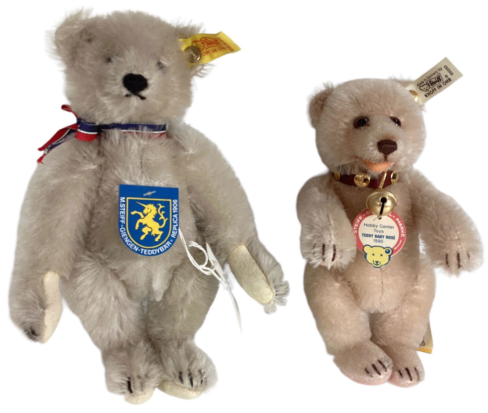 (2) Steiff bears. Includes 8 1/2" grey mohair 1906 "Giengen Teddybar" and 7 1/2" pink mohair "Teddy (1 of 3)