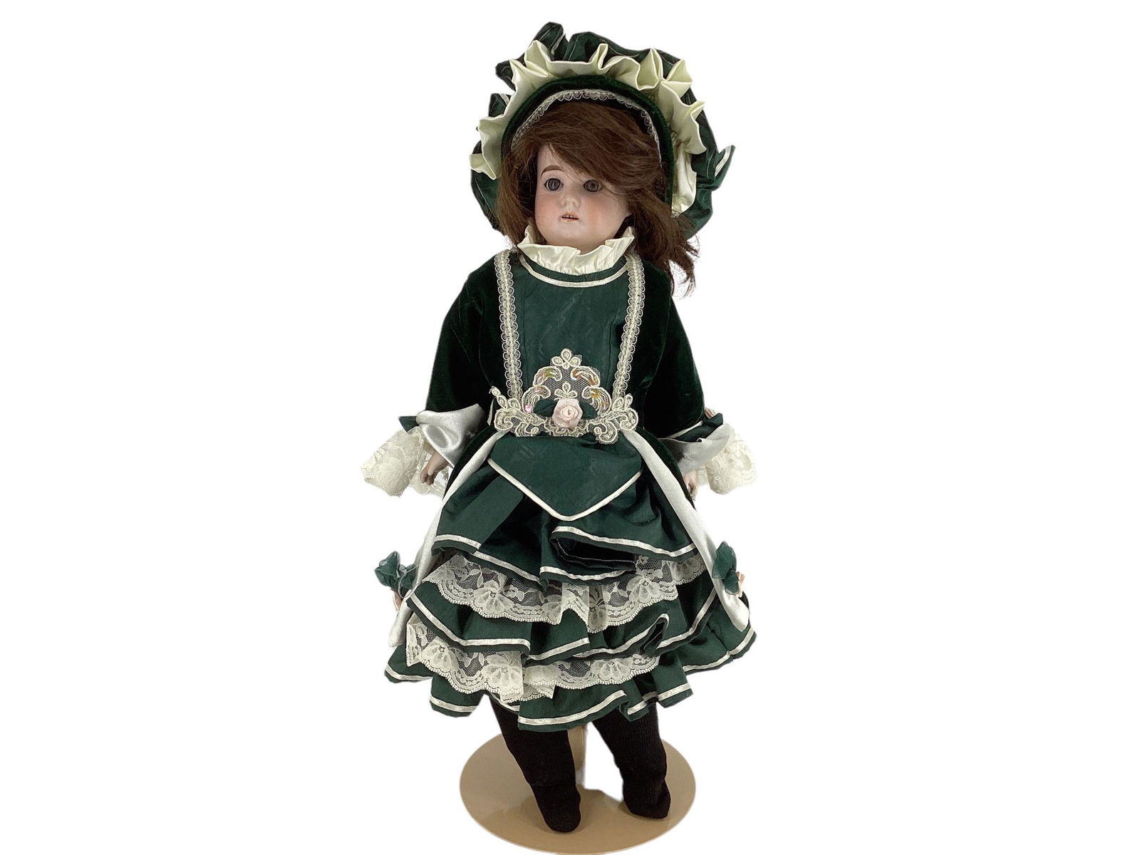 German bisque shoulder head girl marked "Columbia". 20" doll with human hair wig, glass sleep eyes,: German bisque shoulder head girl marked "Columbia". 20" doll with human hair wig, glass sleep eyes, open mouth with teeth, on a kid body with rivet jointed hips and gusseted knees, bisque lower arms.