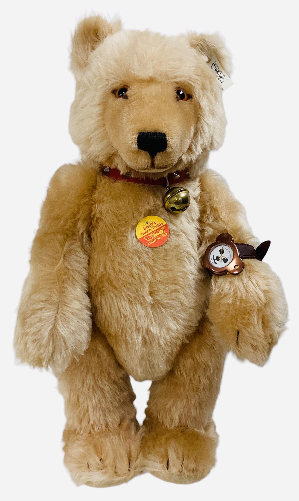 14" Steiff Watch Teddy bear w/red collar and single bell, and a watch, tagged, No COA or box. (1 of 3)