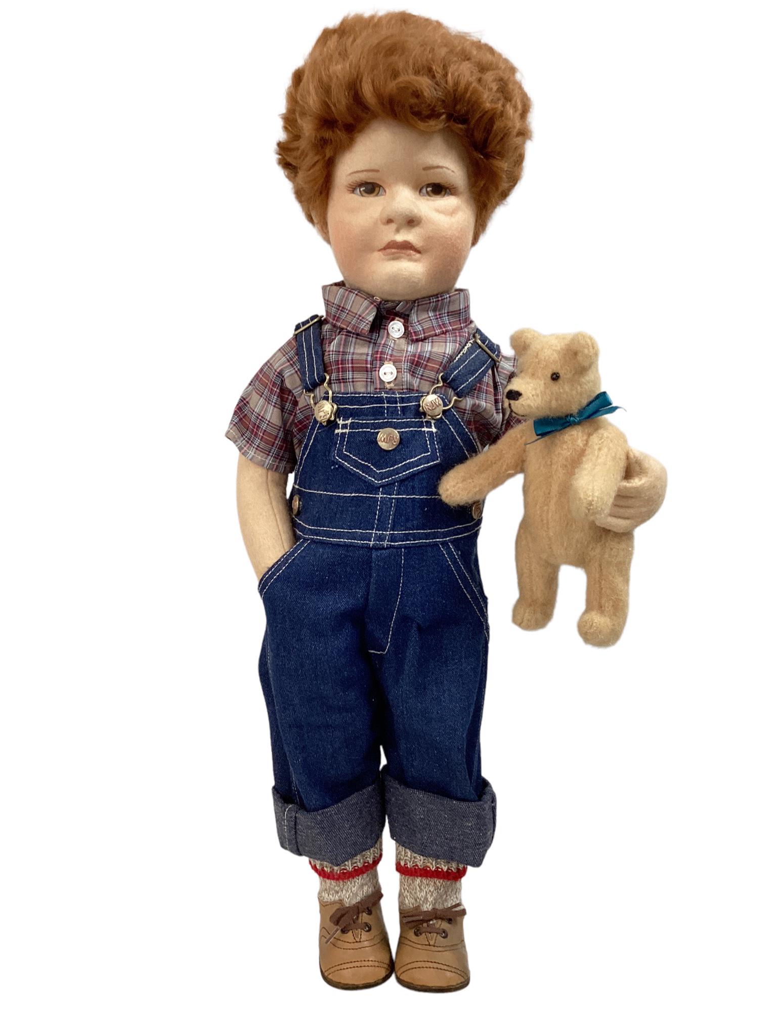 R.John Wright Dolls "Patrick" Little Friends Series, #070/250, tag sewn on bib overalls, with: R.John Wright Dolls "Patrick" Little Friends Series, #070/250, tag sewn on bib overalls, with original box.