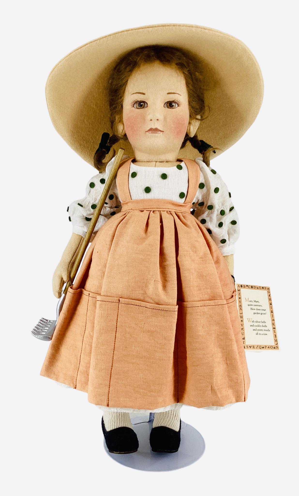 R.John Wright Nursery Rhyme Series, "Mary, Mary, Quite Contrary" #059/100, tag sewn on slip, with: R.John Wright Nursery Rhyme Series, "Mary, Mary, Quite Contrary" #059/100, tag sewn on slip, with stand and original box.