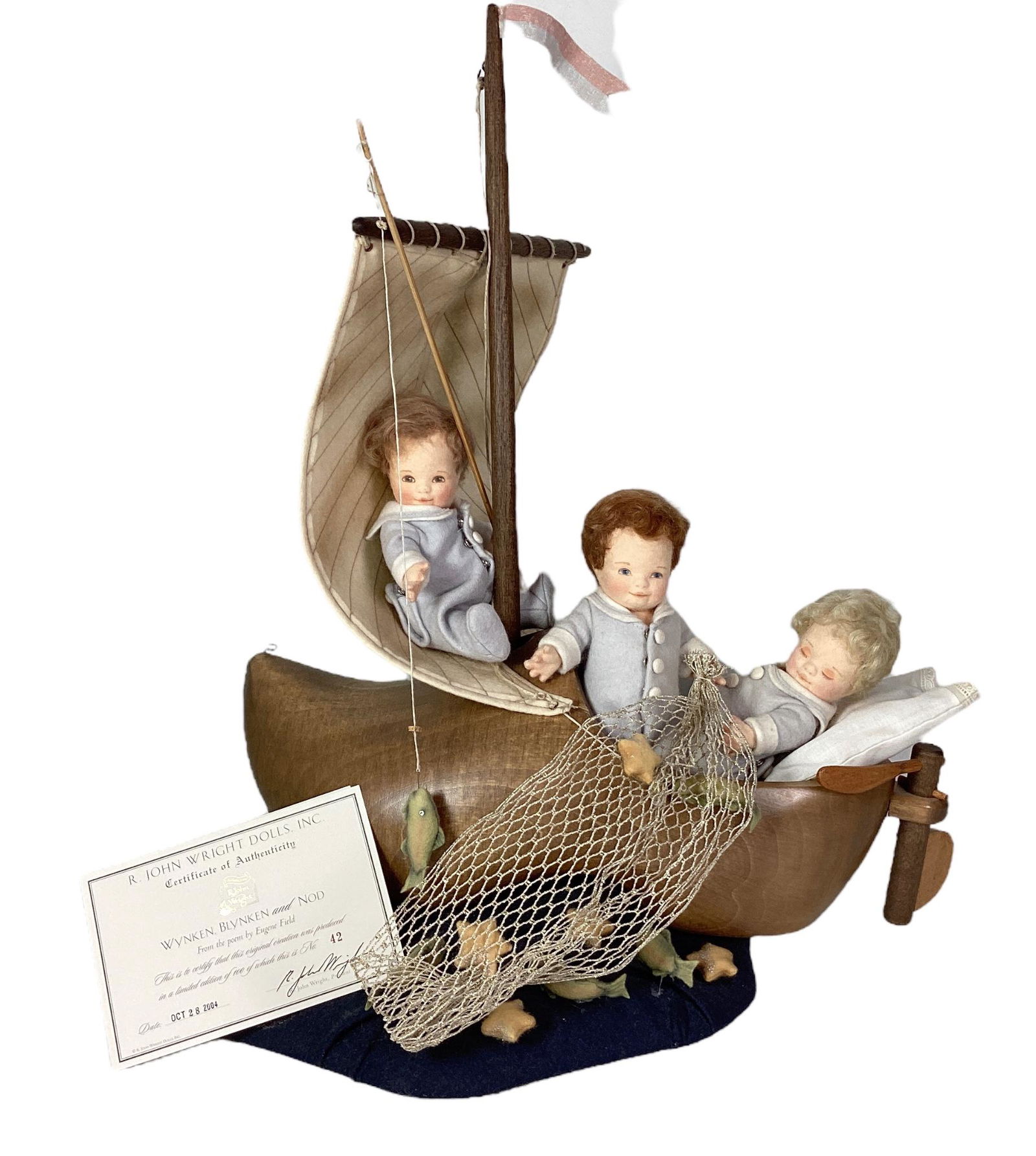 R. John Wright Dolls, "Wynken, Blynken and Nod" with boat, From the poem by Eugene Field No.42/100. (1 of 3)