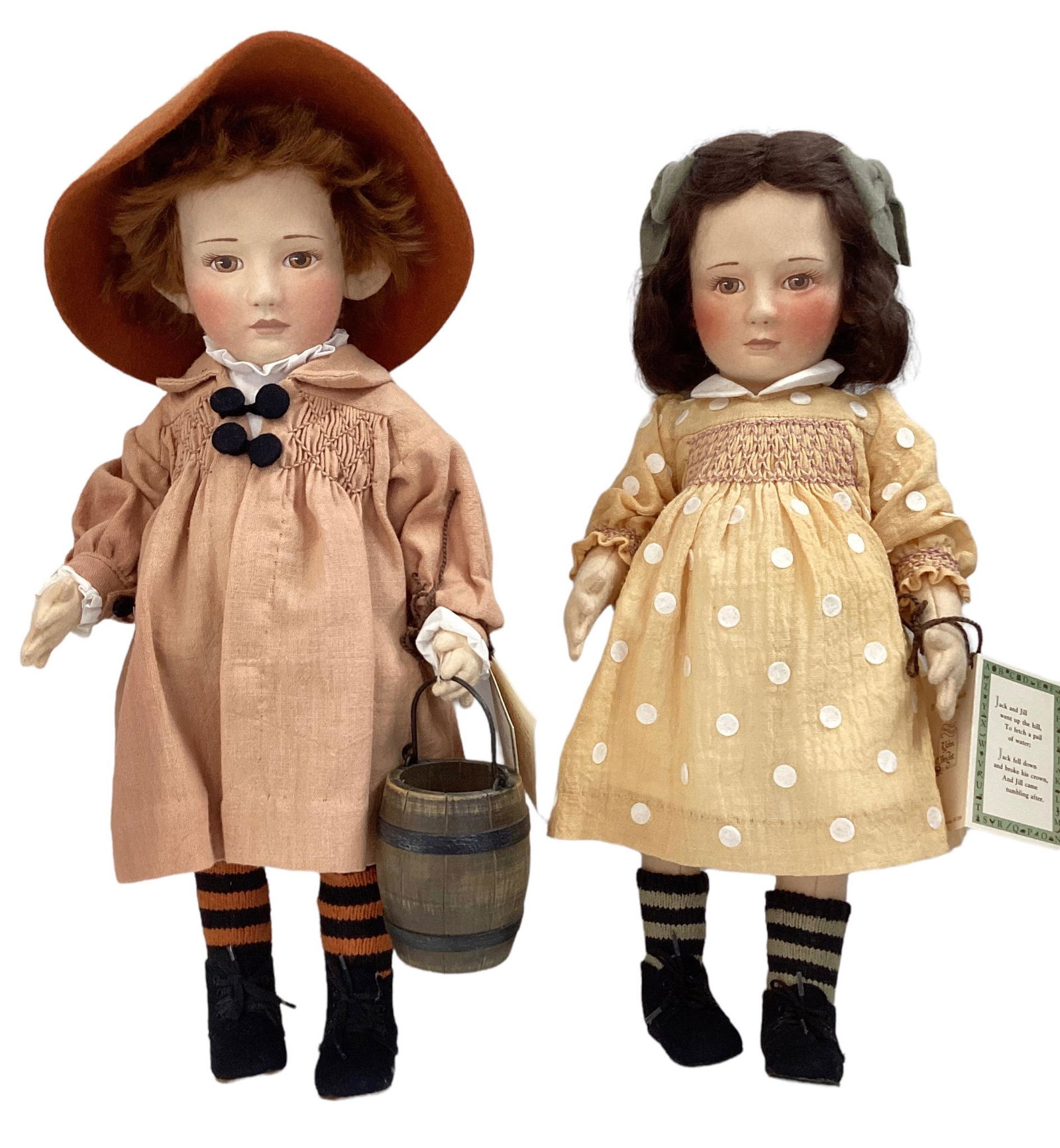 R.John Wright Dolls, Nursery Rhyme Series "Jack and Jill" #012/100, tag sewn on Jacks shorts and tag (1 of 3)