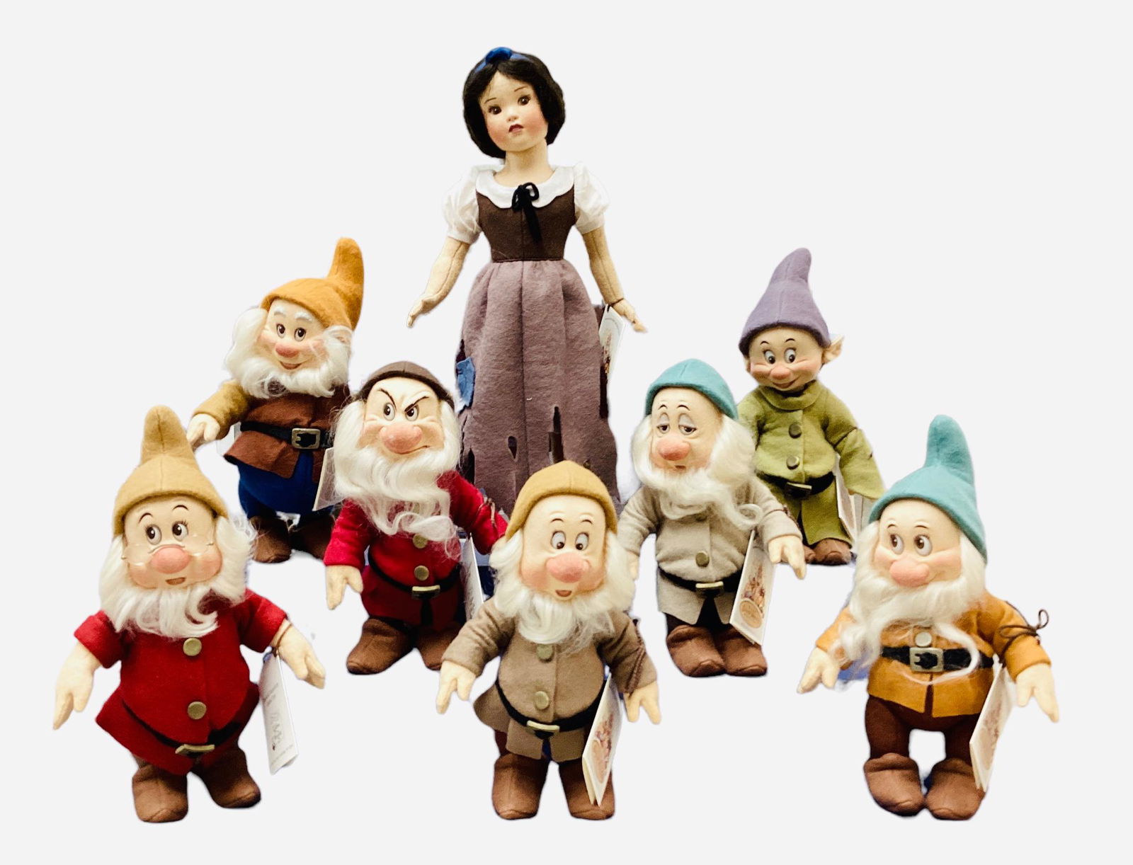 R.John Wright Walt Disney's Snow White and the Seven Dwarfs, "Rags" #0070/1000, "Bashful", "Sneezy",: R.John Wright Walt Disney's Snow White and the Seven Dwarfs, "Rags" #0070/1000, "Bashful", "Sneezy", "Happy", "Sleepy", "Grumpy", "Doc", #70/2500, "Dopey" #70/3500, all with tags sewn on and with orig