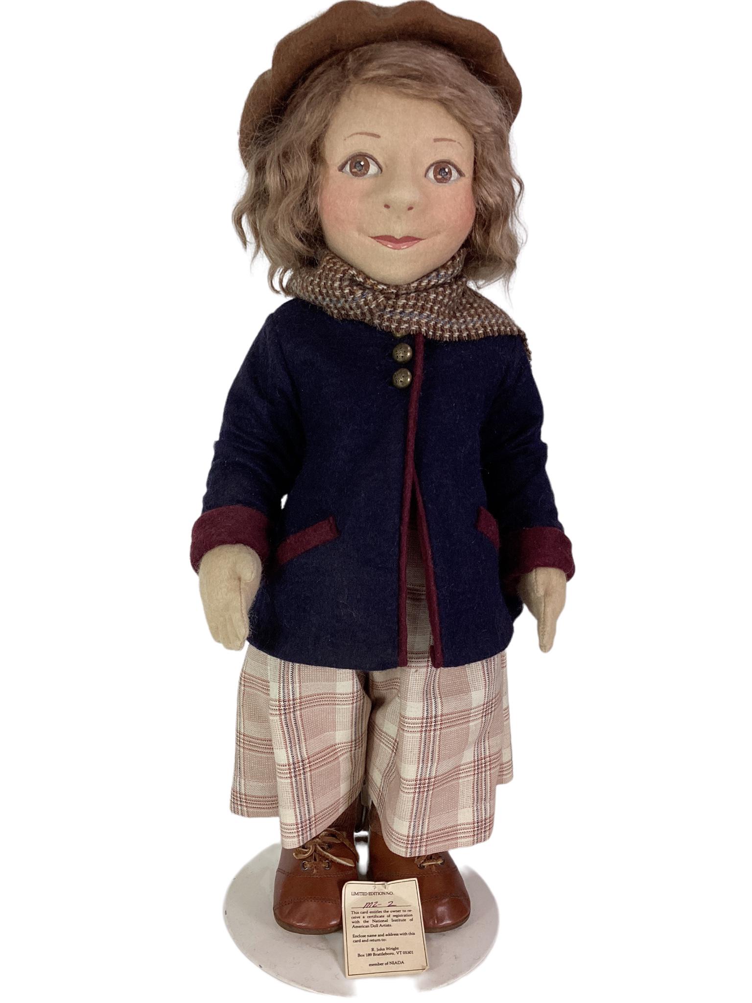 R. John Wright Early Character Girl. 17" all wool felt doll with mohair wig, molded and painted (1 of 3)