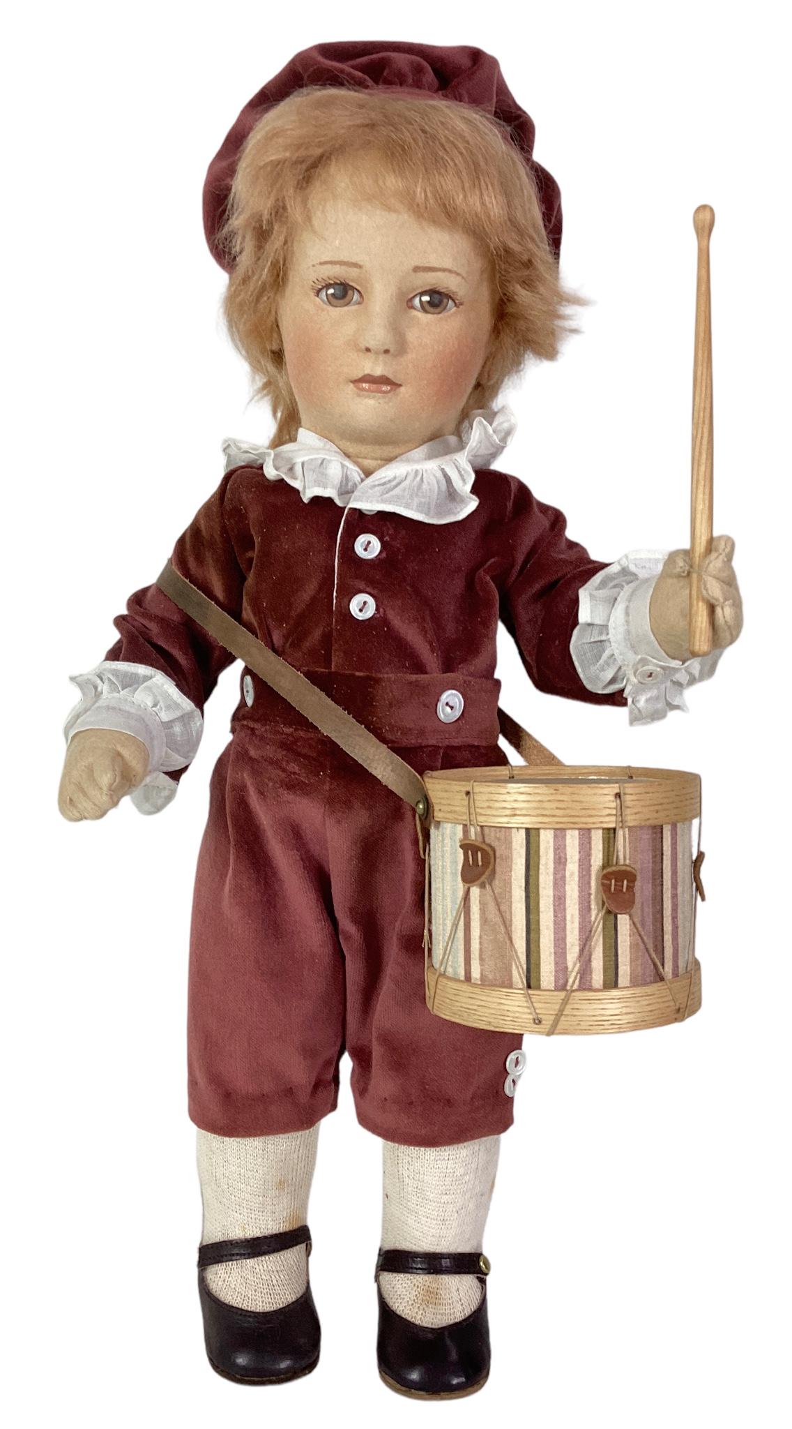 D. R. John Wright Doll "Edward" and his Rum-a tum drum #121/150 tag sewn on shirt, with original box: D. R. John Wright Doll "Edward" and his Rum-a tum drum #121/150 tag sewn on shirt, with original box and stand.