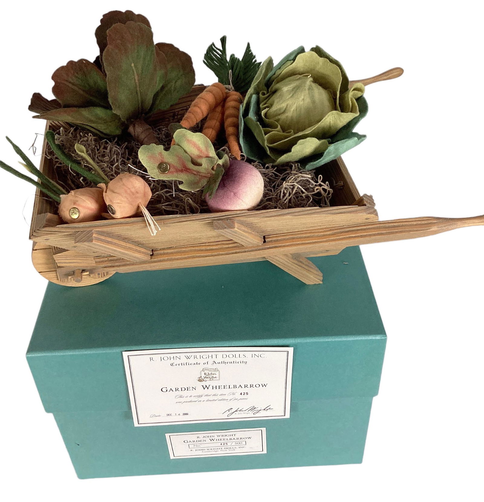 R. John Wright Dolls, "Garden Wheelbarrow" No.425/500. With COA and original box. (1 of 3)