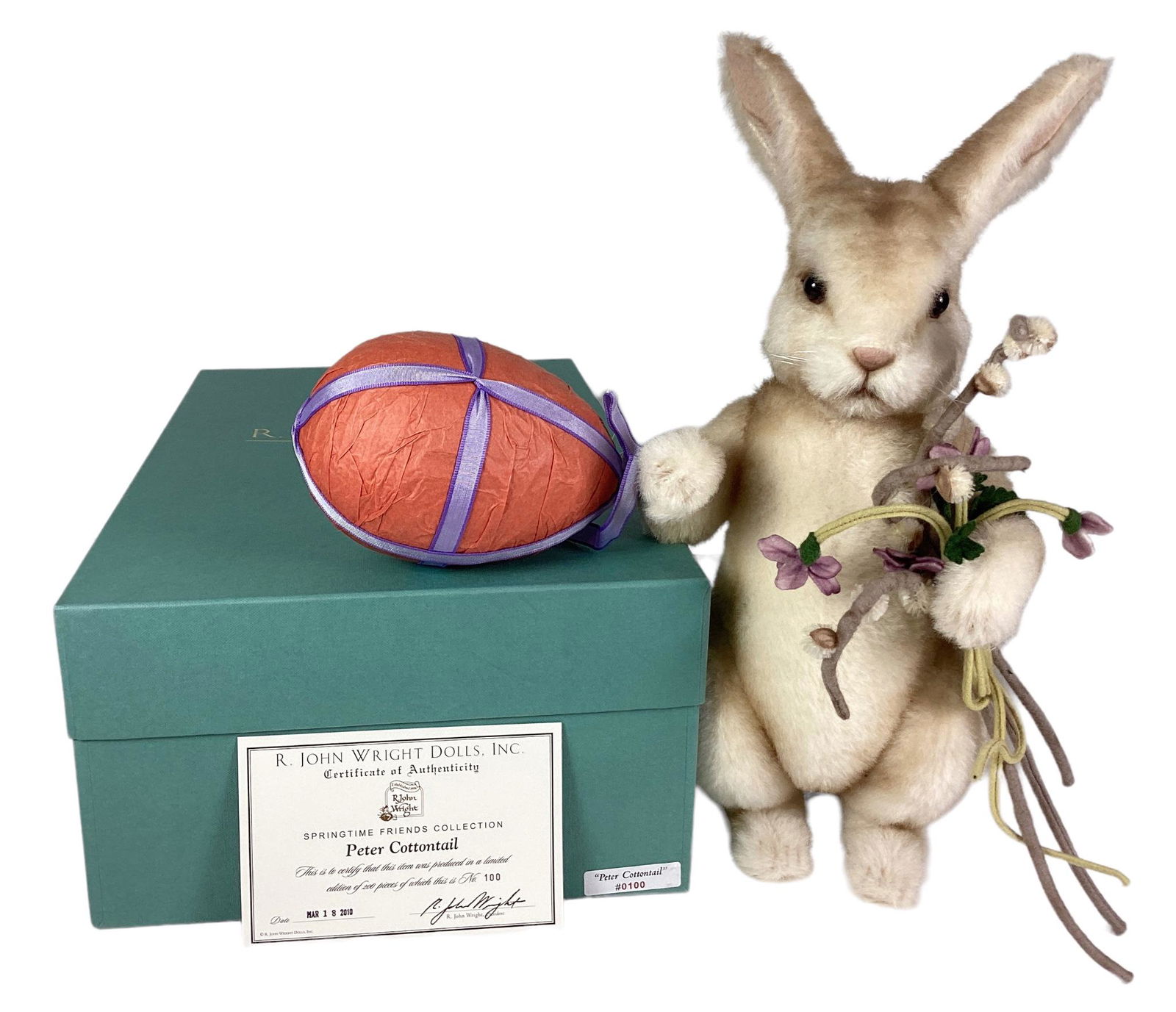 R. John Wright Dolls, Springtime Friends Collection "Peter Cottontail" No.100/200. With COA and: R. John Wright Dolls, Springtime Friends Collection "Peter Cottontail" No.100/200. With COA and original box.