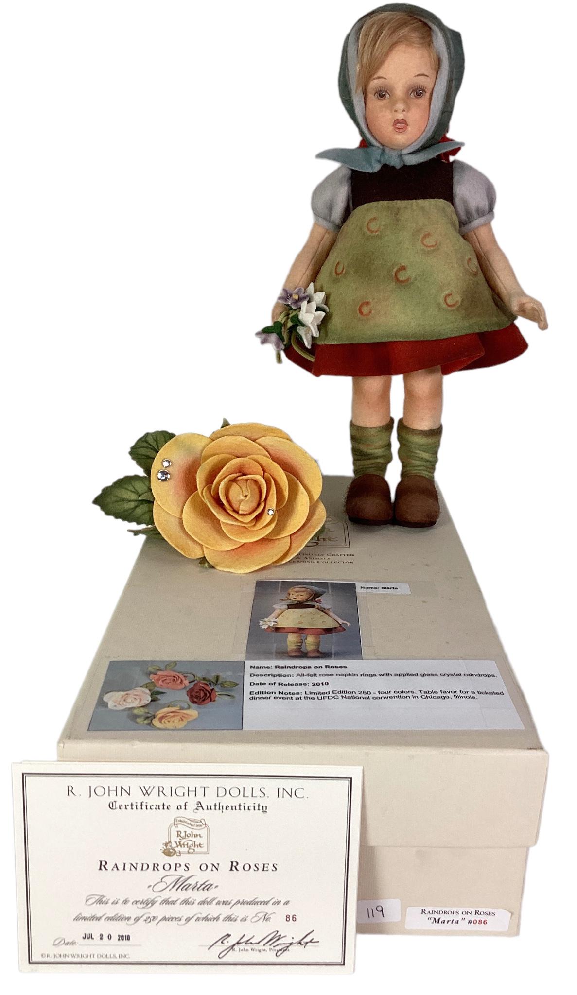 R. John Wright Dolls, Raindrops On Roses "Marta" No.86/250. With COA and original box.: R. John Wright Dolls, Raindrops On Roses "Marta" No.86/250. With COA and original box.