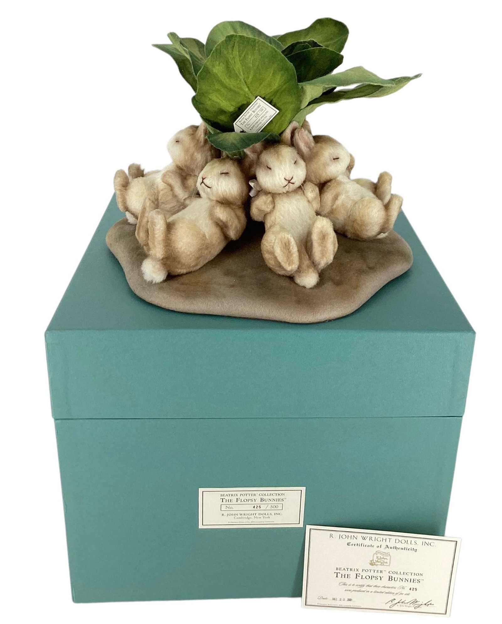 R. John Wright Dolls, Beatrix Potter Collection "The Flopsy Bunnies" No.425/500. With COA and: R. John Wright Dolls, Beatrix Potter Collection "The Flopsy Bunnies" No.425/500. With COA and original box.