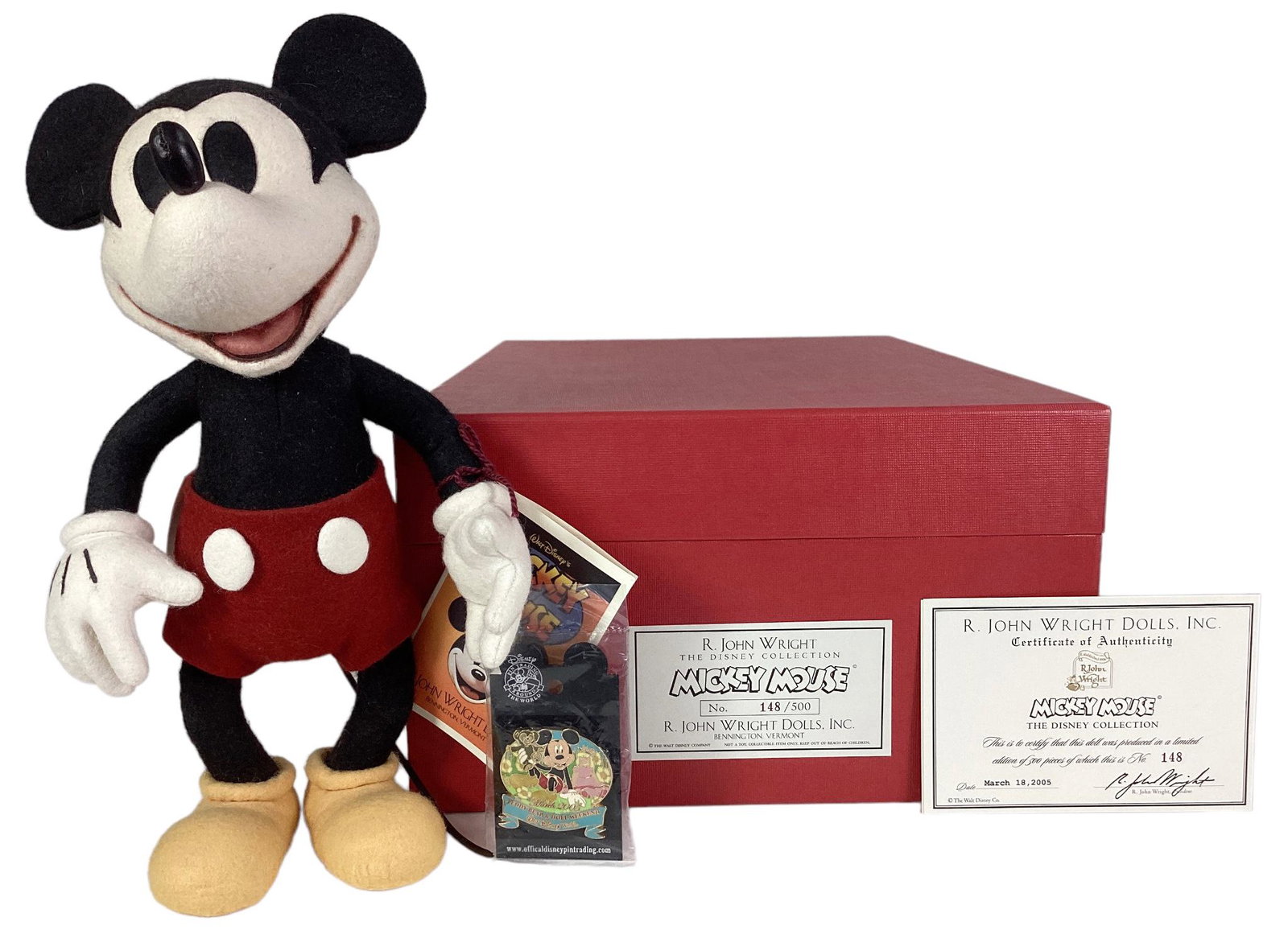 R. John Wright Dolls, The Disney Collection "Mickey Mouse" No.148/500. With COA and original box.: R. John Wright Dolls, The Disney Collection "Mickey Mouse" No.148/500. With COA and original box. Teddy Bear & Doll Weekend Pin included.